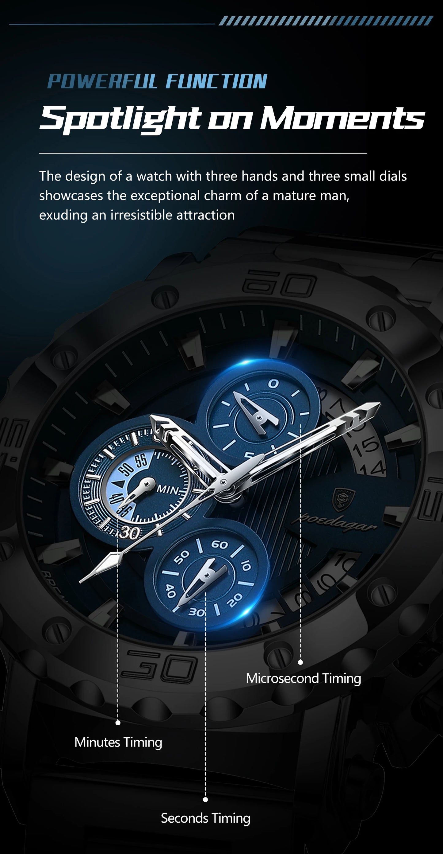 Large Chronograph Watch – Luminous Numberless Dial with Hidden Clasp