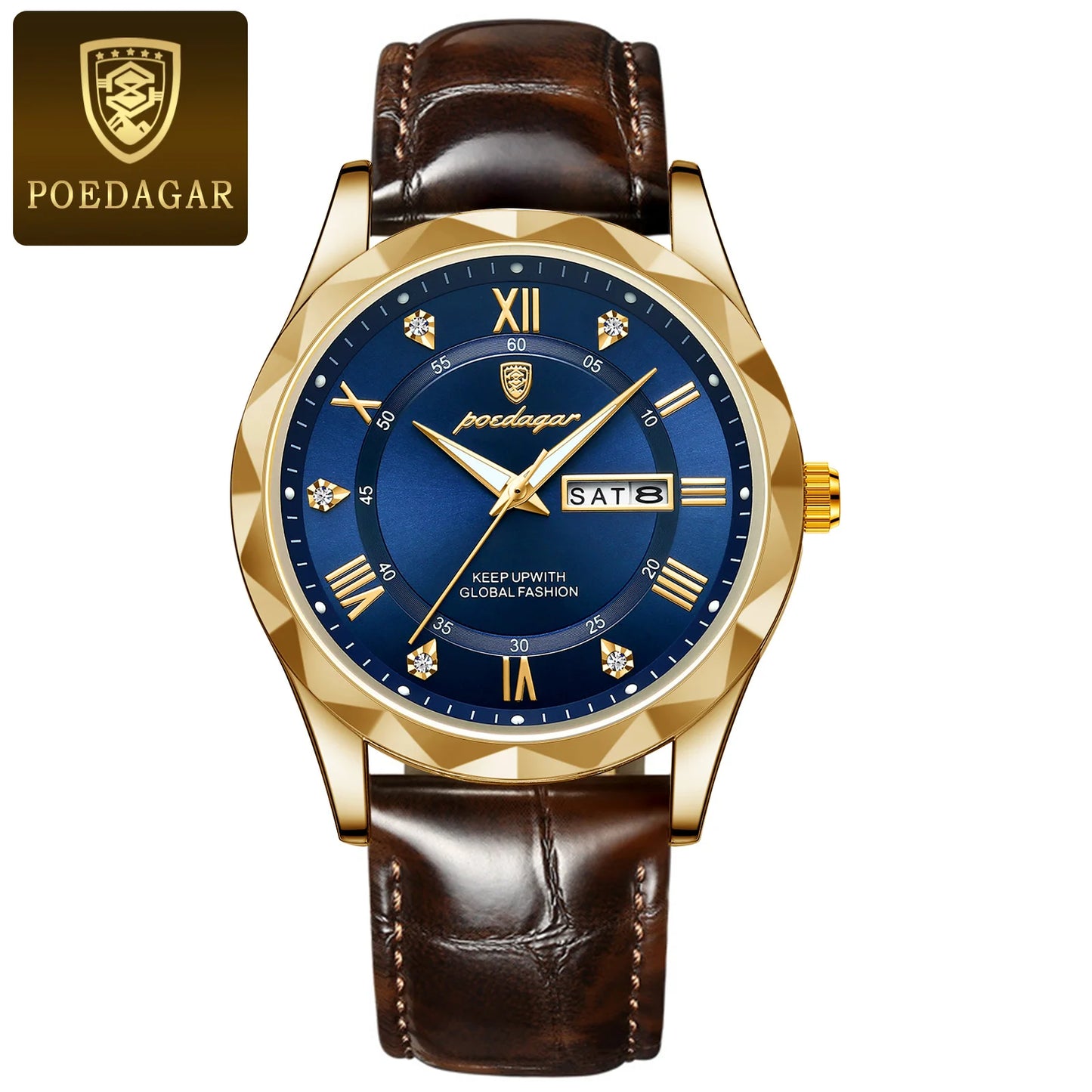Roman Numeral Full Calendar Watch – Leather Strap with Date, Week & Luminous Dial