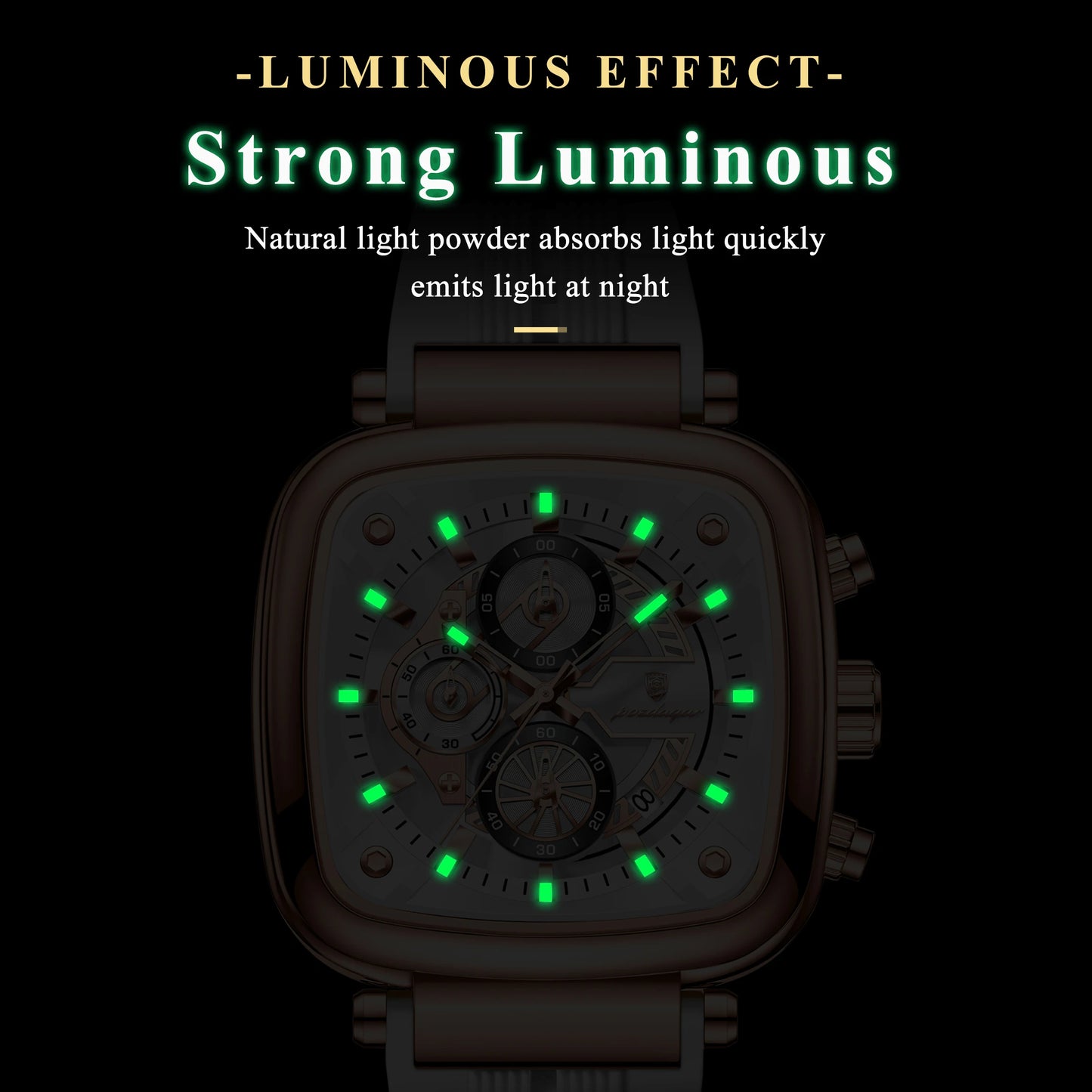 Square Chronograph Sport Watch – Luminous Dial with Silicone Strap & Date