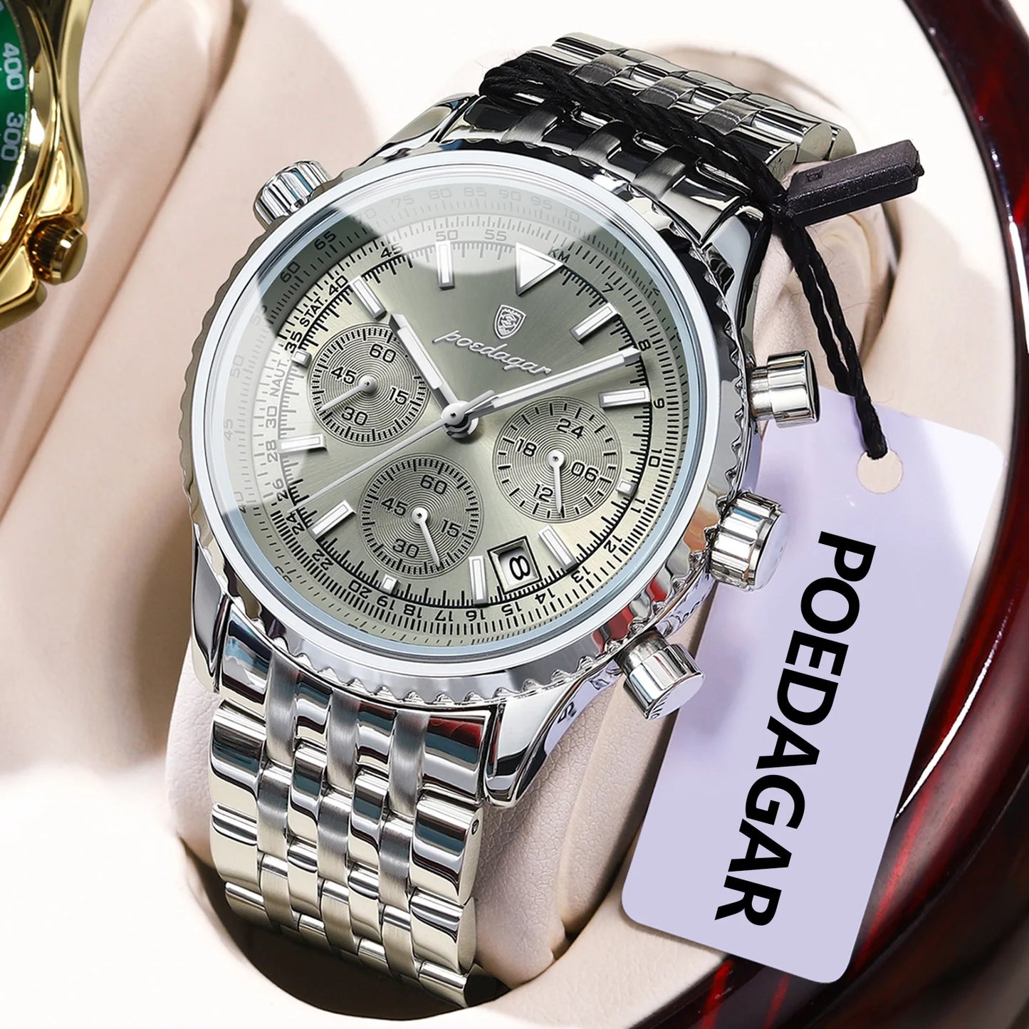 Chronograph Date Watch – Luminous Numberless Dial with Hidden Clasp Bracelet