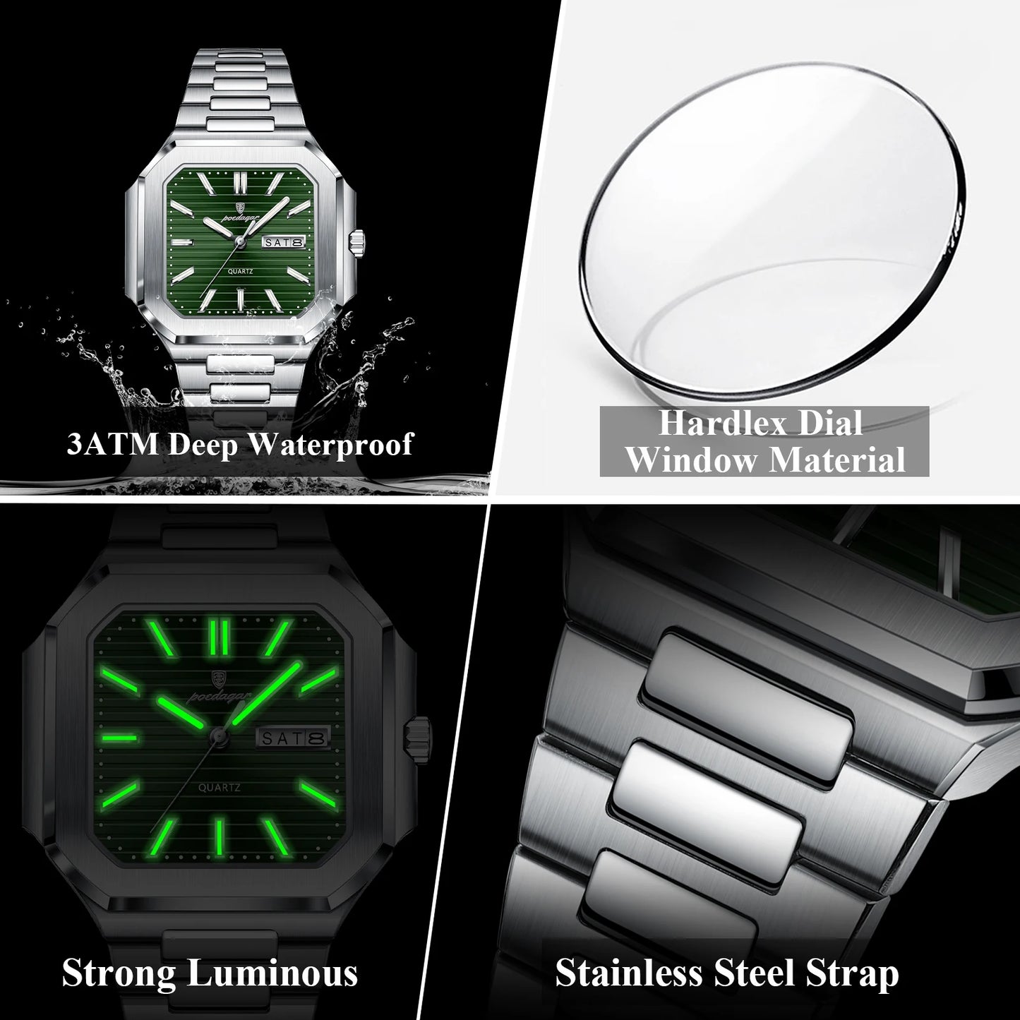 Square Stainless Steel Watch – Luminous Numberless Dial with Hidden Clasp