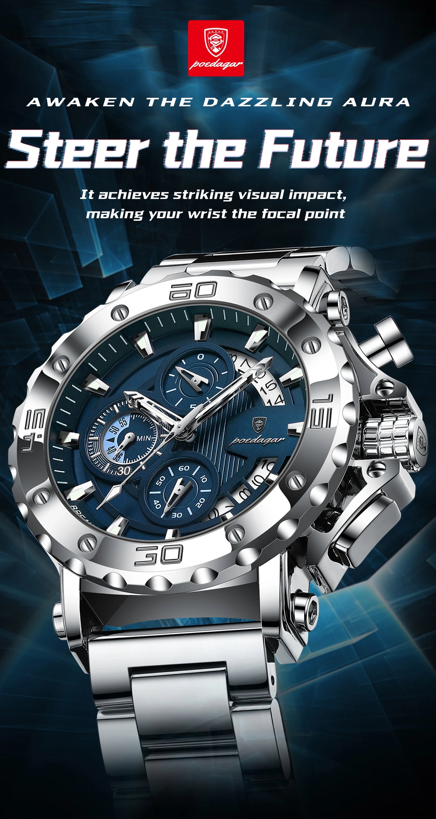 Large Chronograph Watch – Luminous Numberless Dial with Hidden Clasp