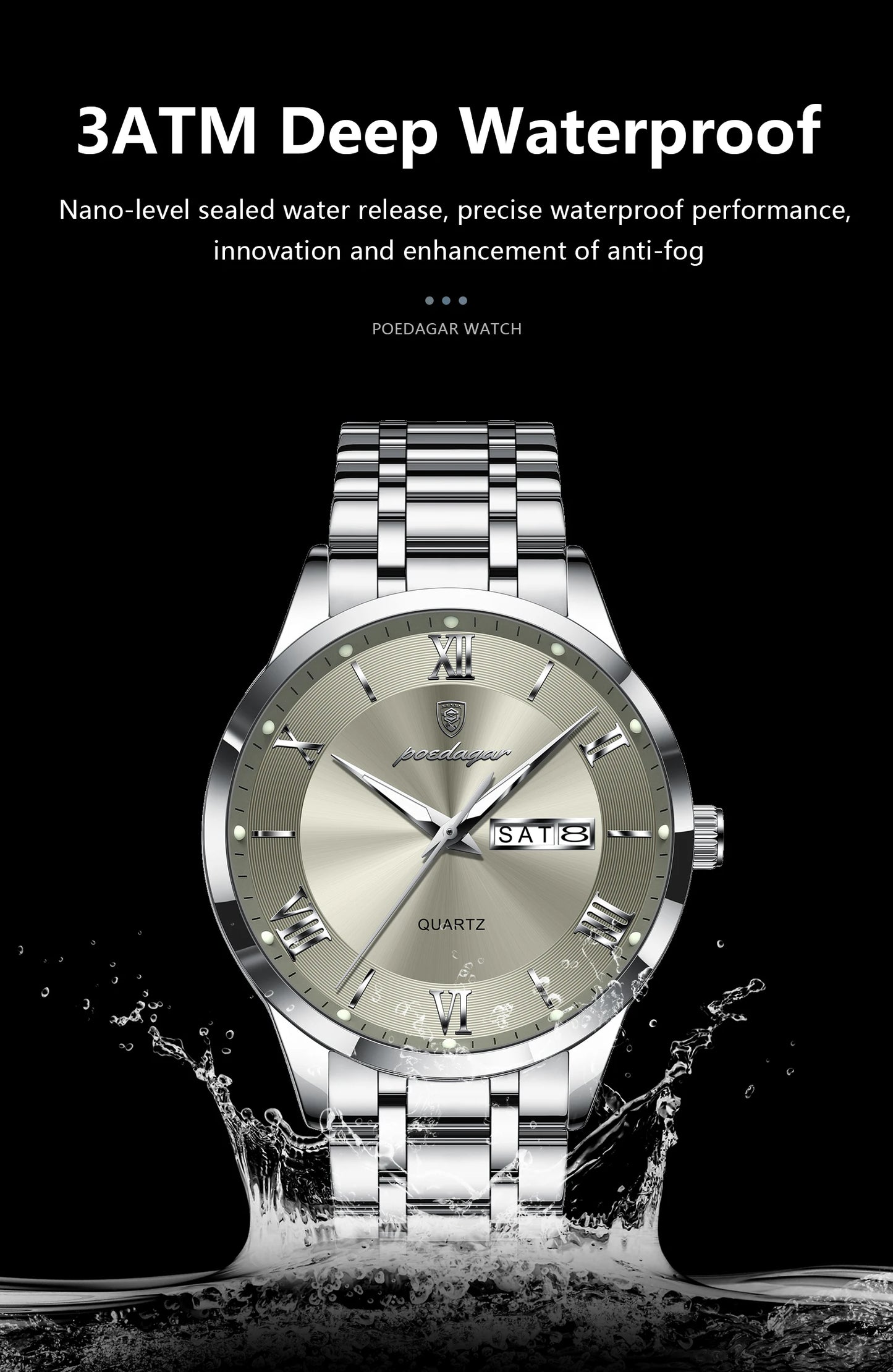 Roman Numeral Full Calendar Watch – Luminous Dial with Hidden Clasp Bracelet