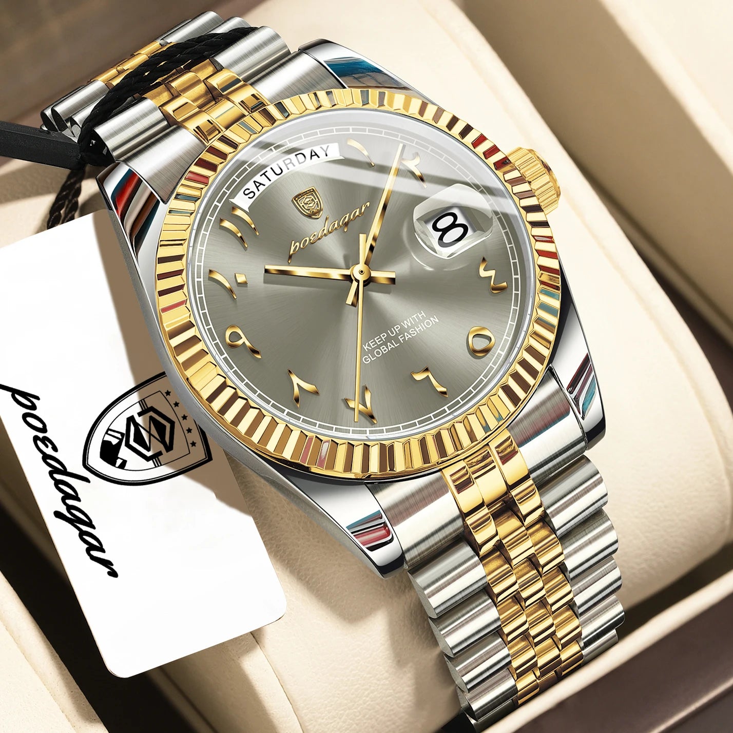 Full Calendar Slim Watch – Date & Week Display with Hidden Clasp Bracelet