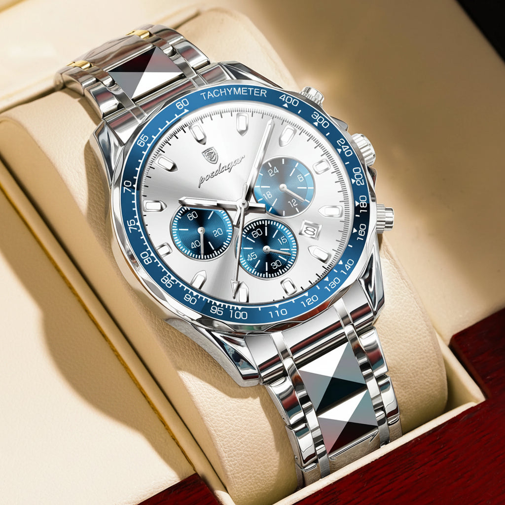 Chronograph Business Watch – Luminous Numberless Dial with Hidden Clasp Bracelet