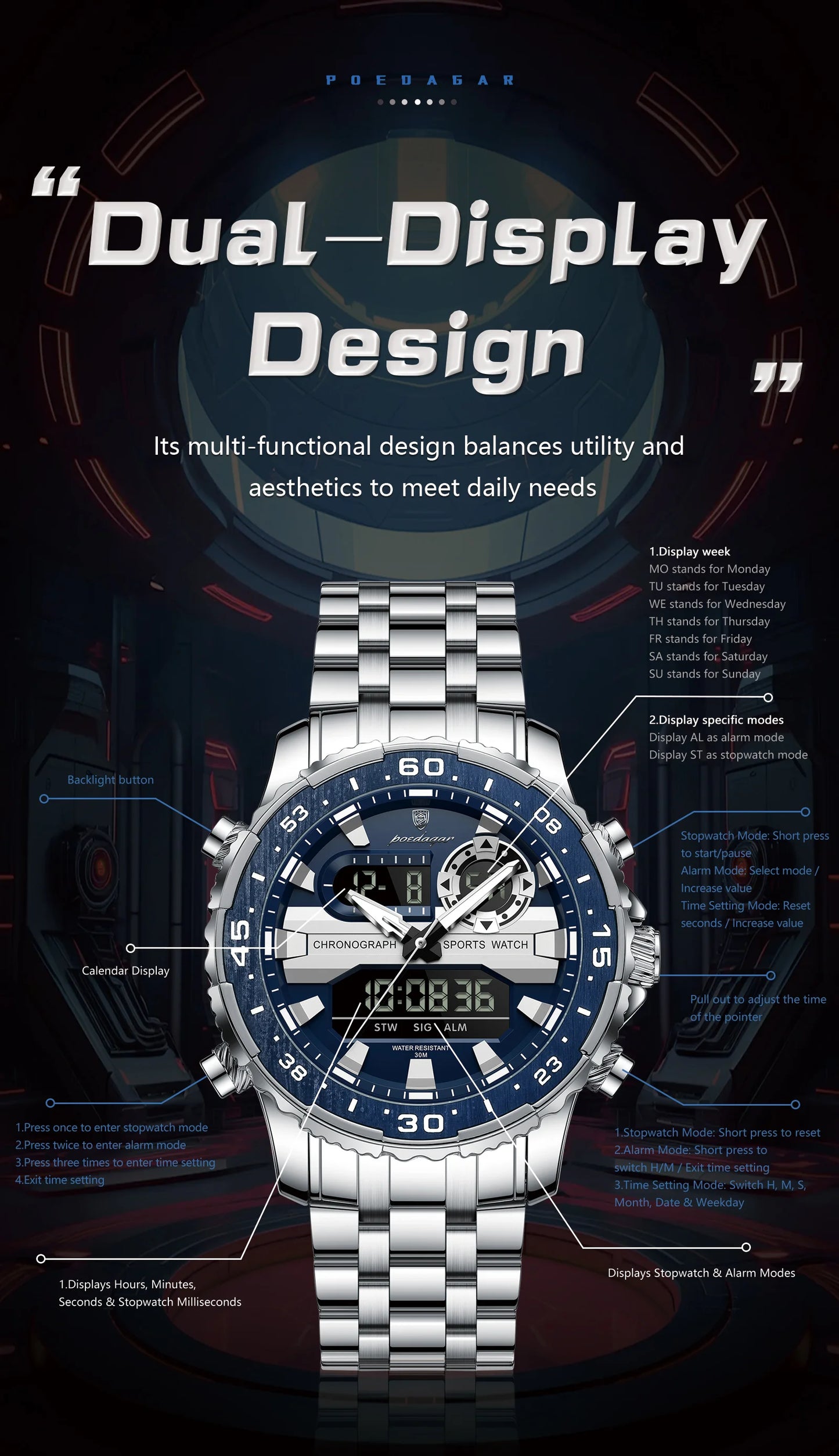 Square Chronograph Watch – Large Numberless Dial with Hidden Clasp Bracelet