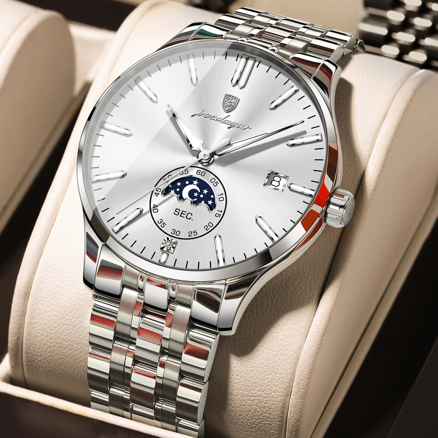 Round Business Chronograph – Slim Stainless Steel Watch with Luminous Hands & Date