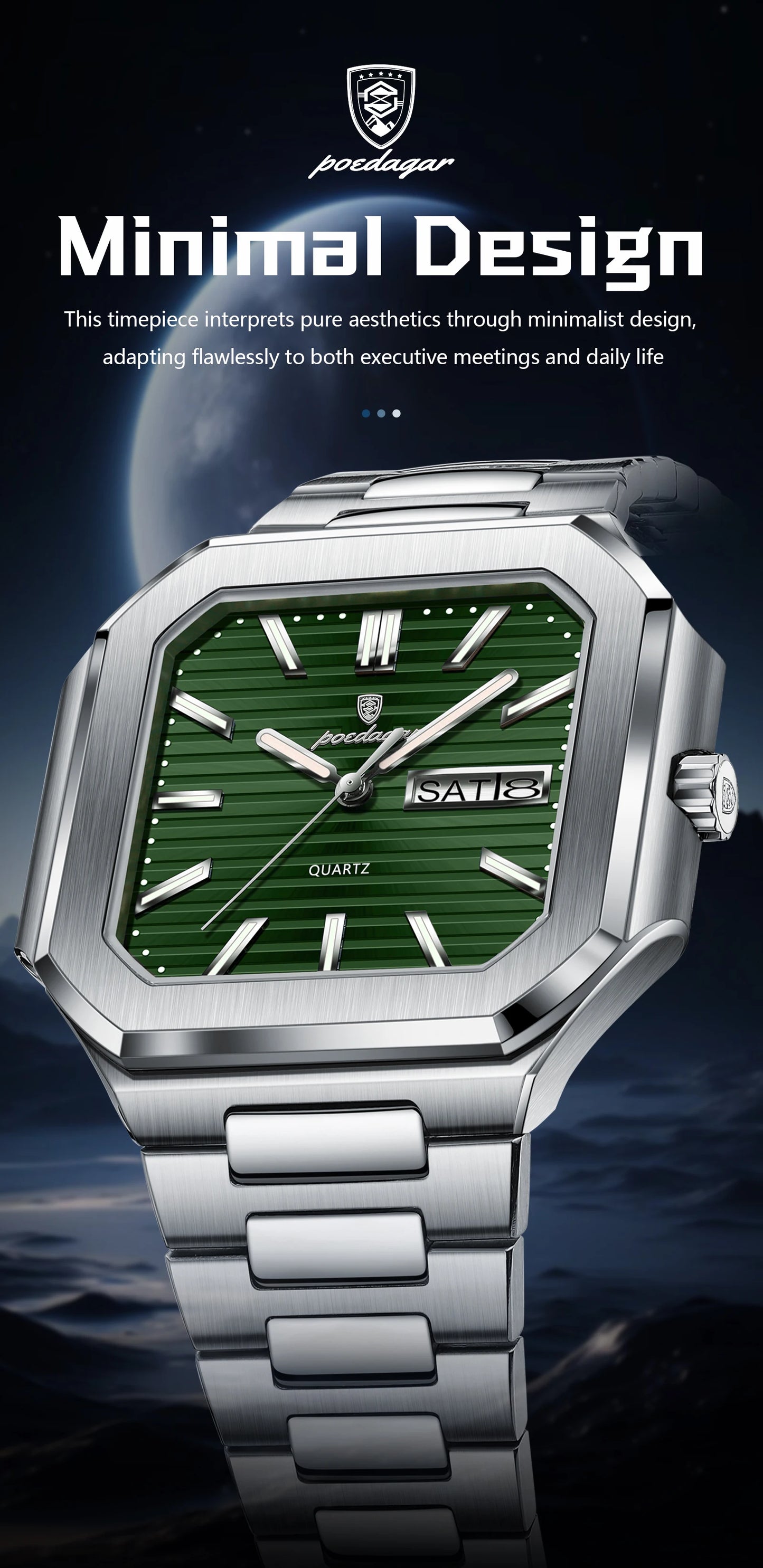 Square Stainless Steel Watch – Luminous Numberless Dial with Hidden Clasp
