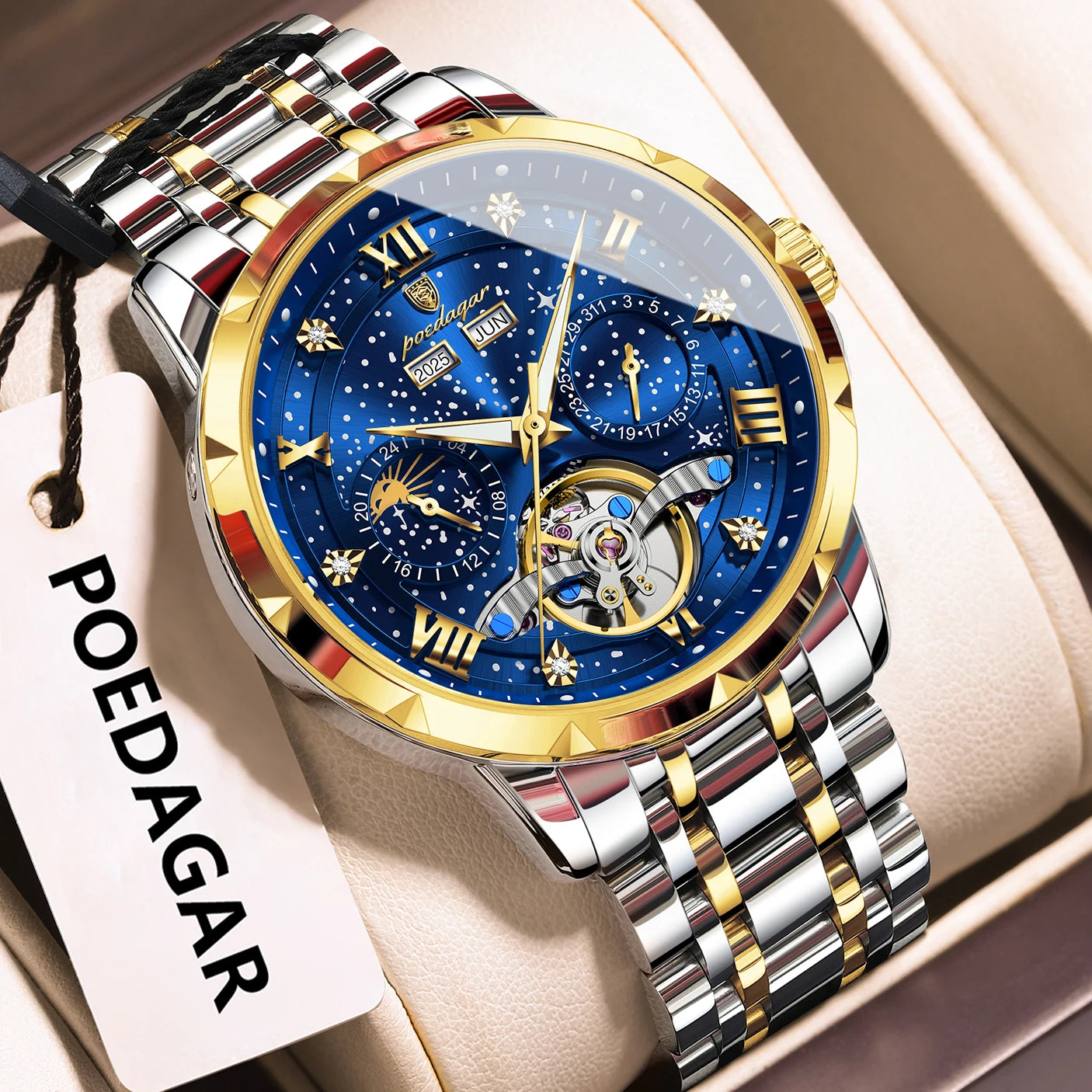 Automatic Skeleton Watch – Tourbillon Style with Roman Numeral Dial & Full Calendar