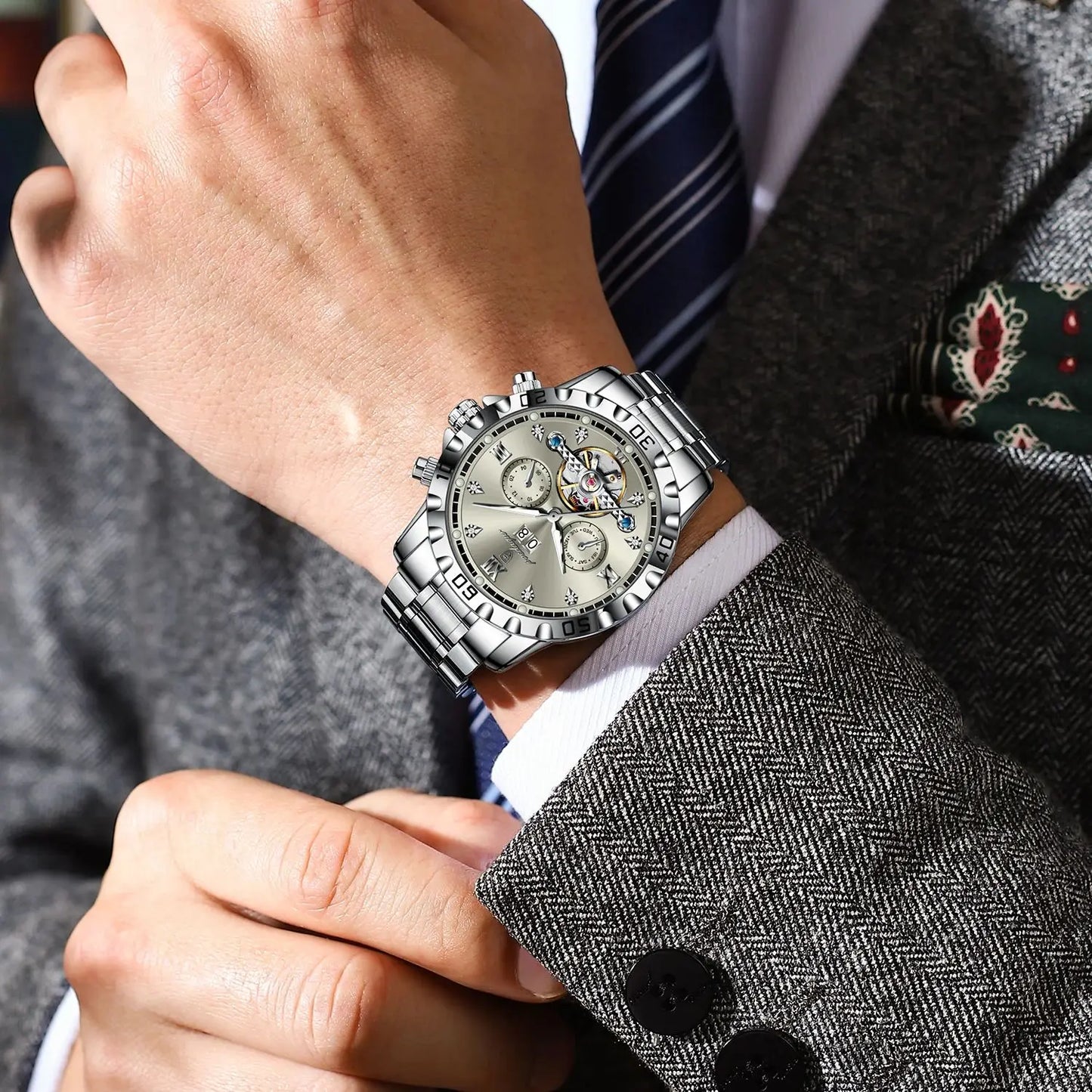 Automatic Tourbillon Style Watch – Sapphire Crystal with Week Display & Hidden Clasp