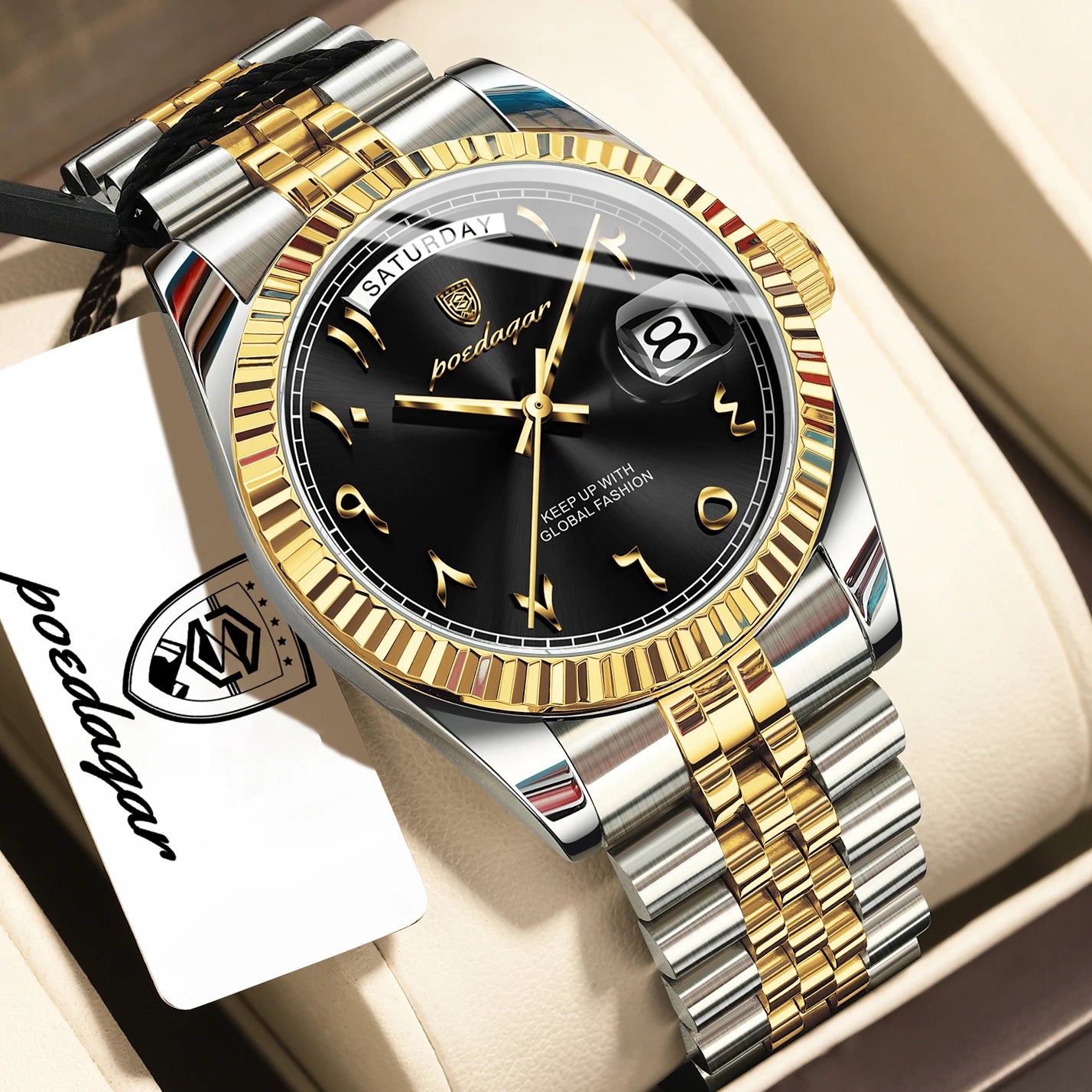 Full Calendar Slim Watch – Date & Week Display with Hidden Clasp Bracelet