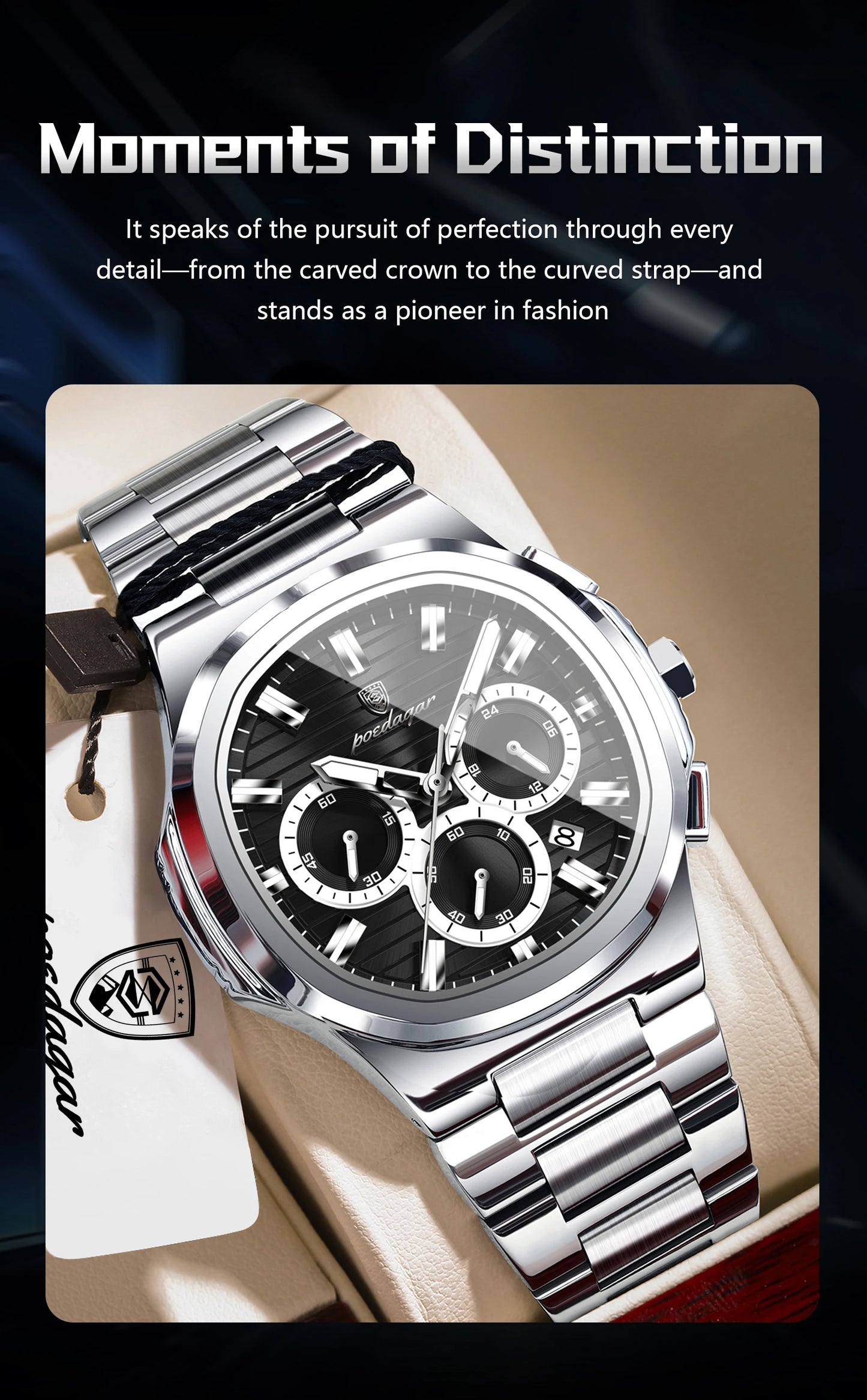 Square Chronograph Watch – Large Numberless Dial with Hidden Clasp Bracelet