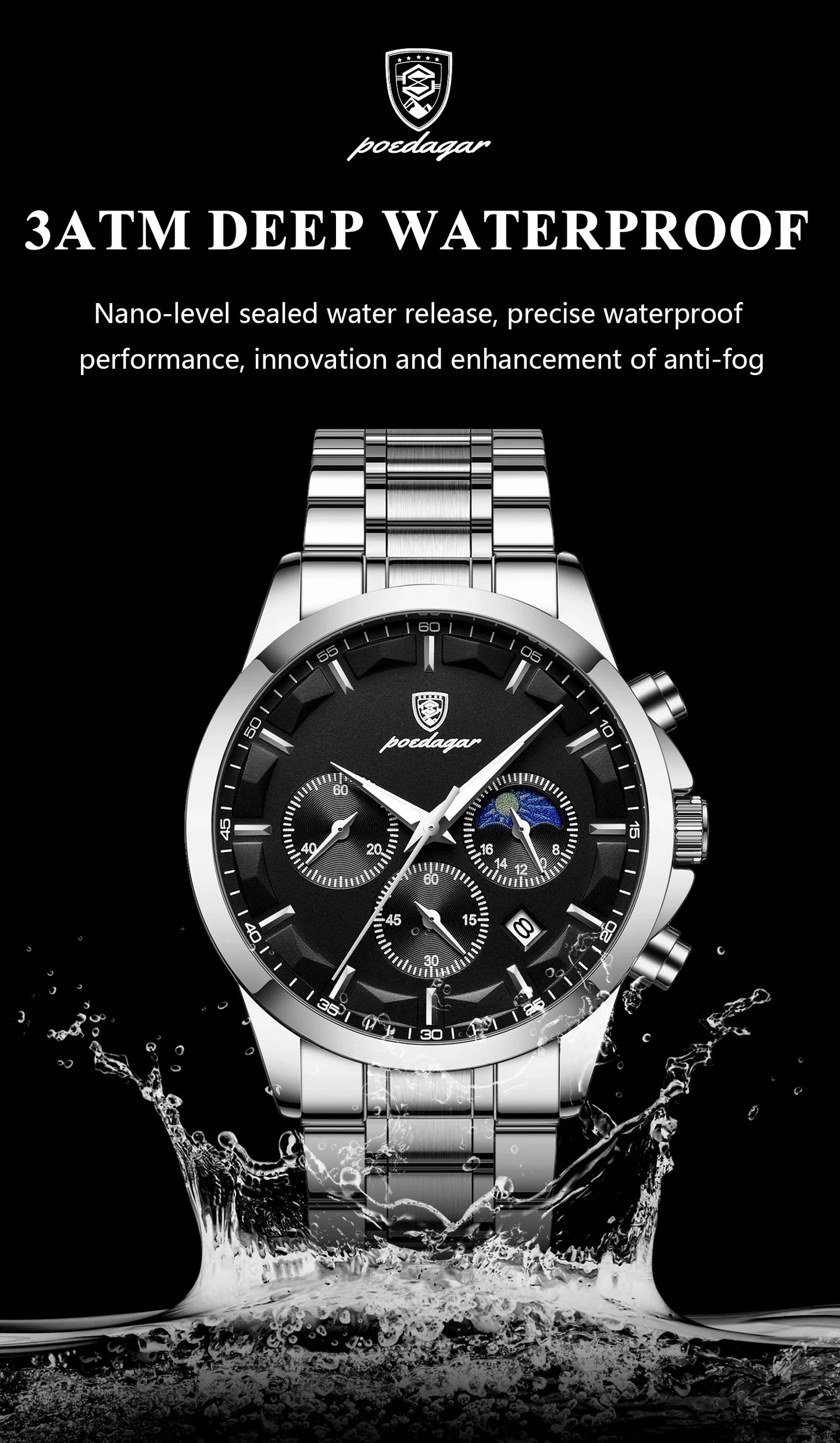 Chronograph Date Watch – Luminous Numberless Dial with Bracelet Clasp