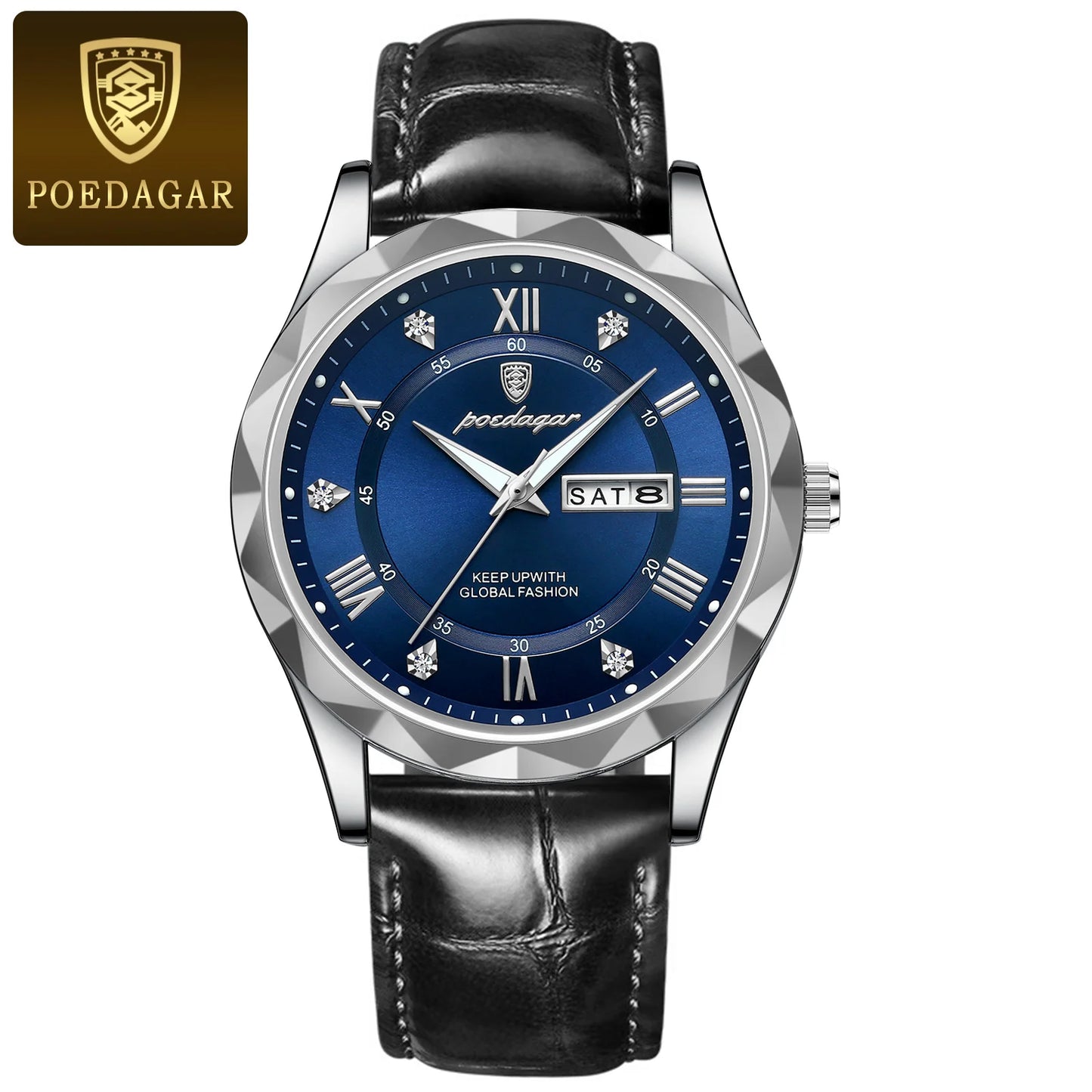 Roman Numeral Full Calendar Watch – Leather Strap with Date, Week & Luminous Dial