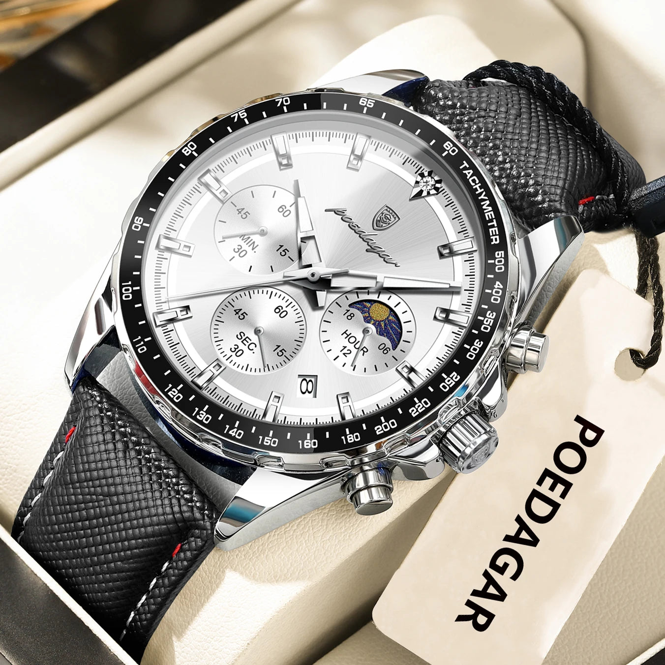 Leather Chronograph Watch – Luminous Dial with Date