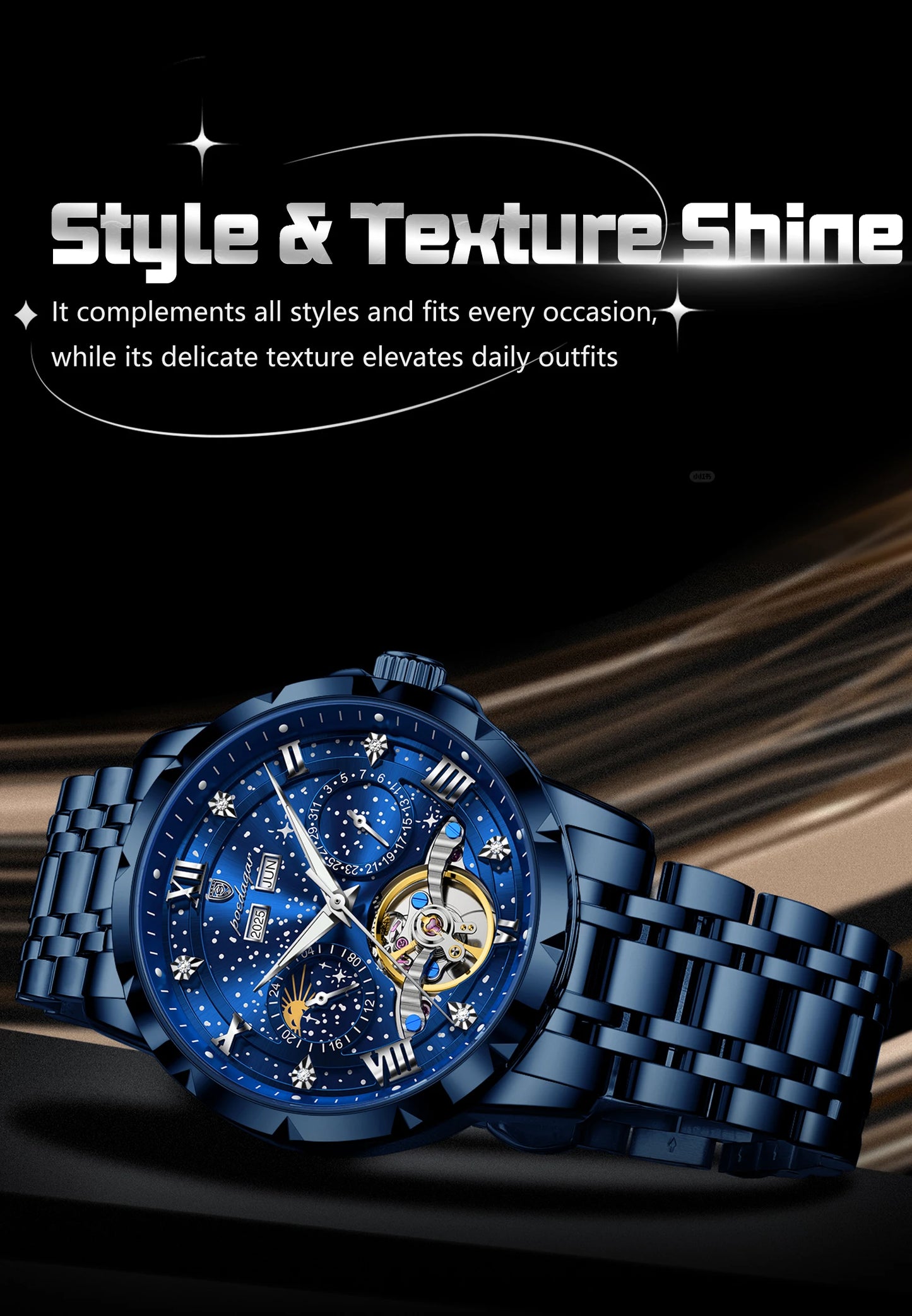 Automatic Skeleton Watch – Tourbillon Style with Roman Numeral Dial & Full Calendar