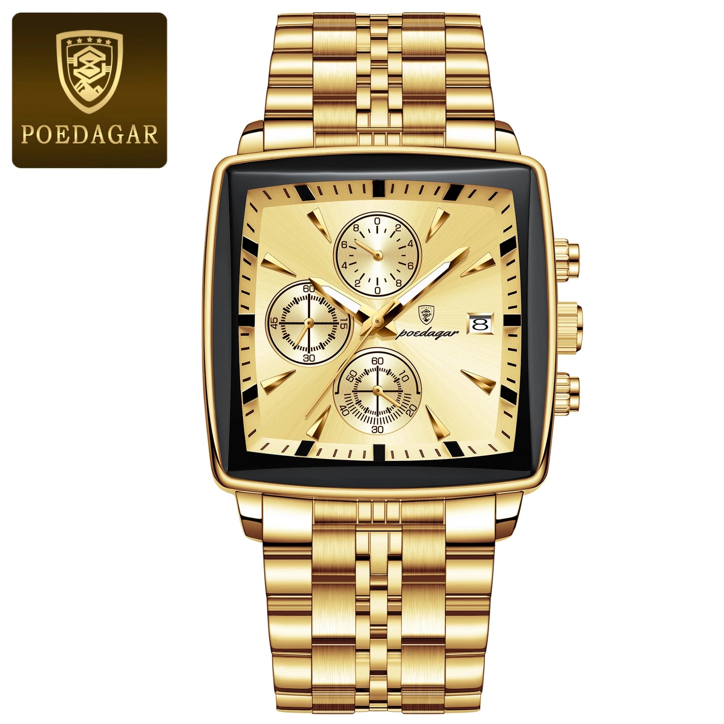 Square Chronograph Watch – Luminous Numberless Dial with Hidden Clasp Bracelet