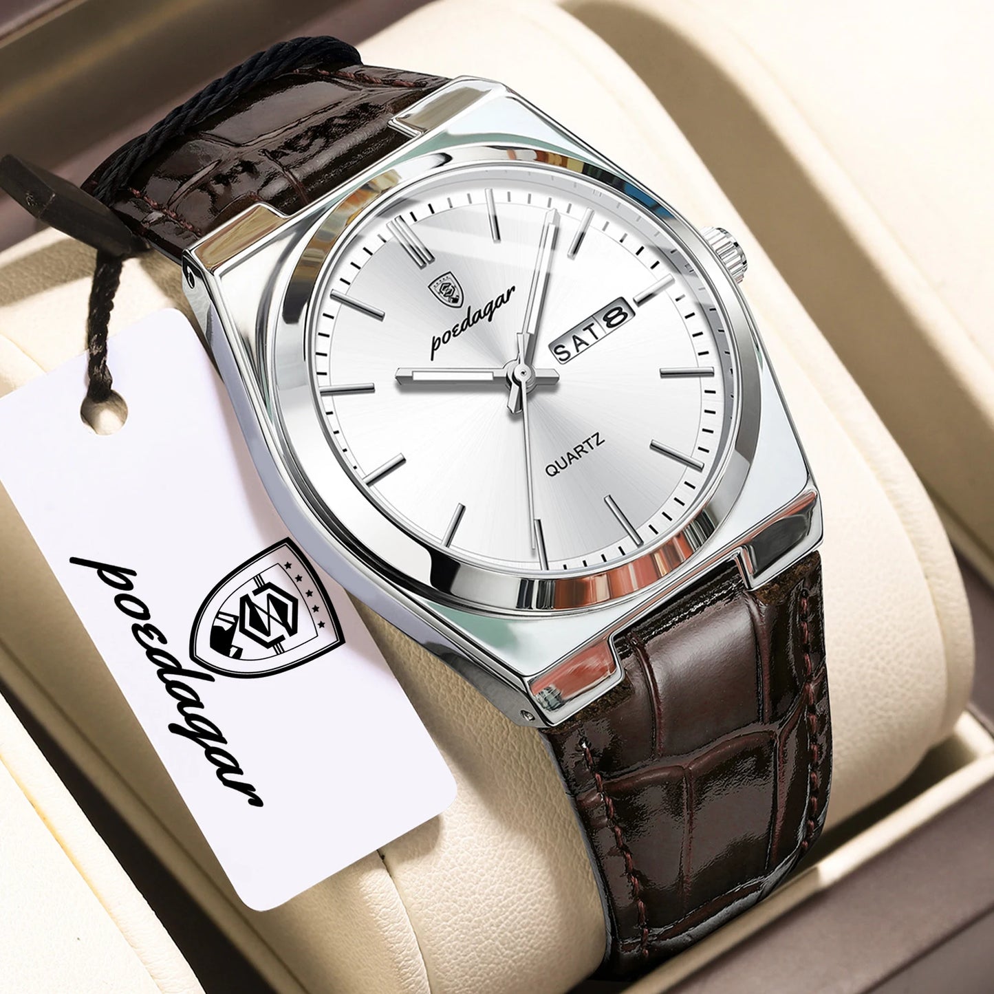 Full Calendar Leather Watch – Luminous Dial with Date, Week & Classic Buckle