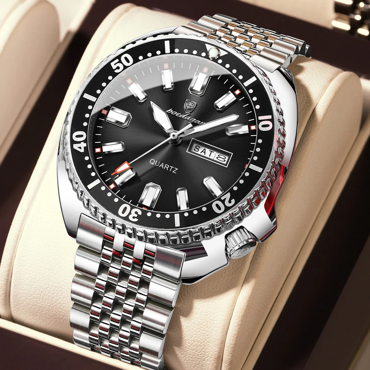 Large Full Calendar Watch – Luminous Numberless Dial with Hidden Clasp Bracelet