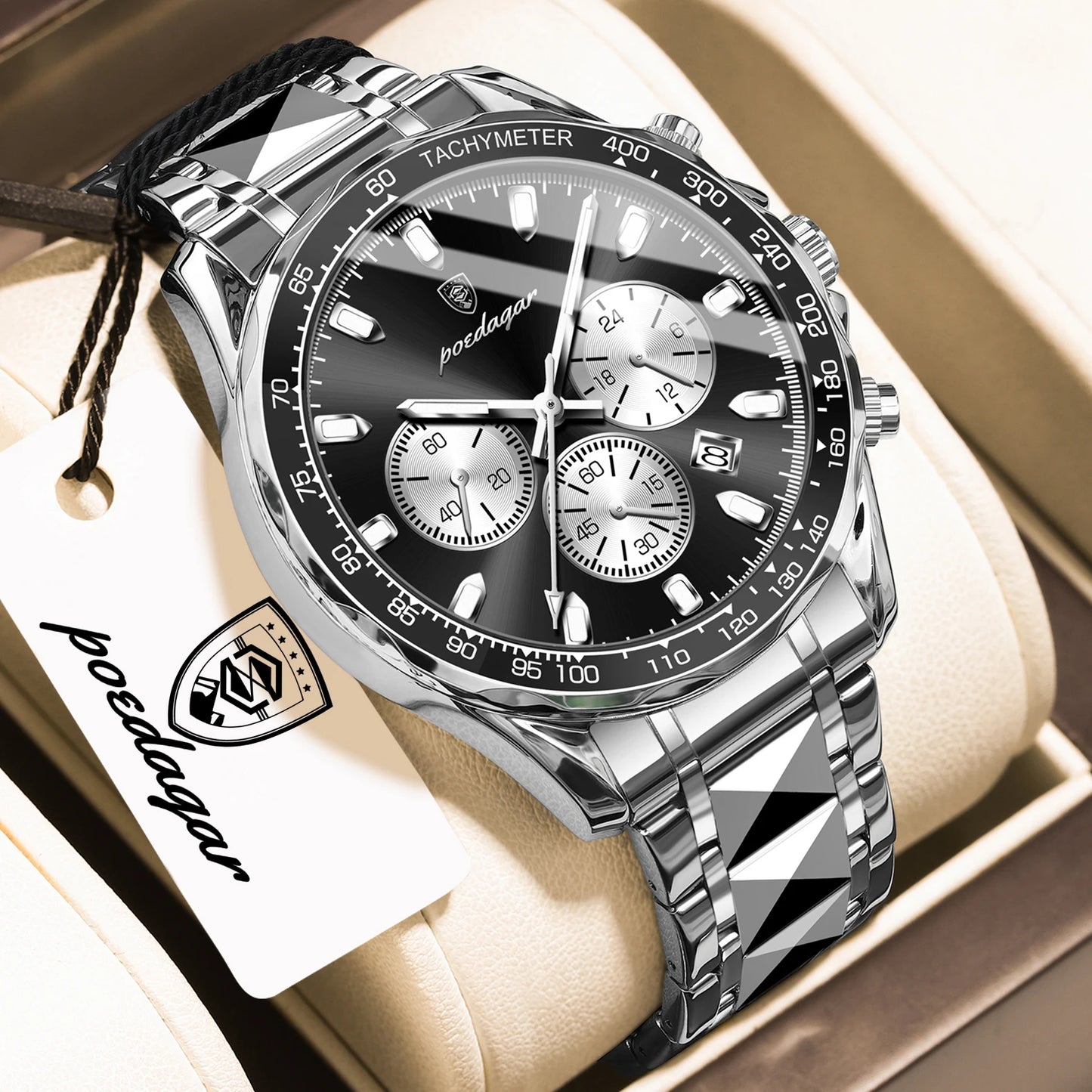 Chronograph Date Watch – Luminous Dial with Hidden Clasp Bracelet