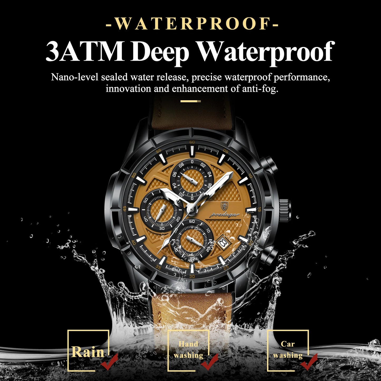 Large Chronograph Watch – Arabic Dial with Leather Strap & Date
