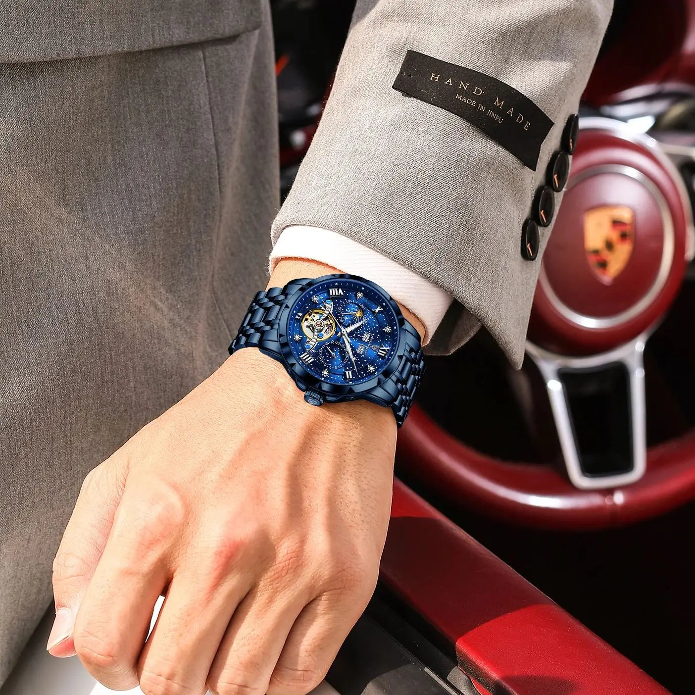 Automatic Skeleton Watch – Tourbillon Style with Roman Numeral Dial & Full Calendar
