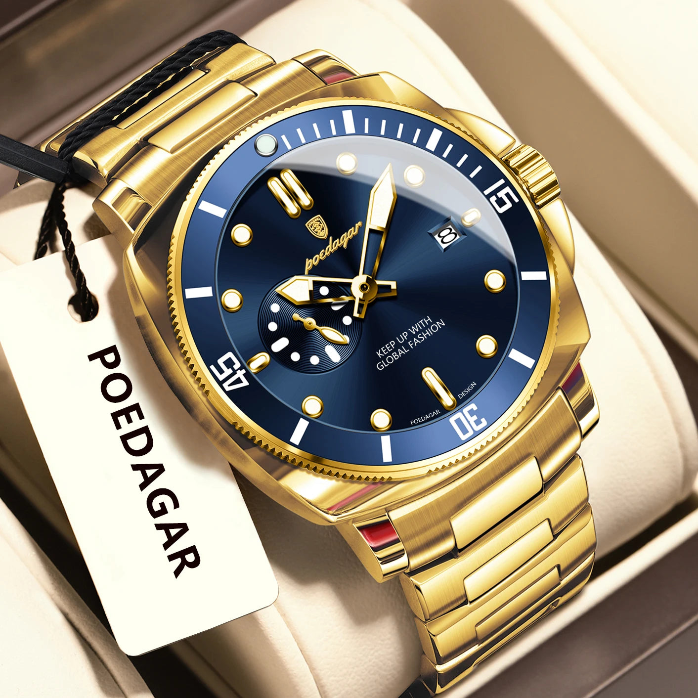 Business Date Watch – Luminous Numberless Dial with Hidden Clasp Bracelet