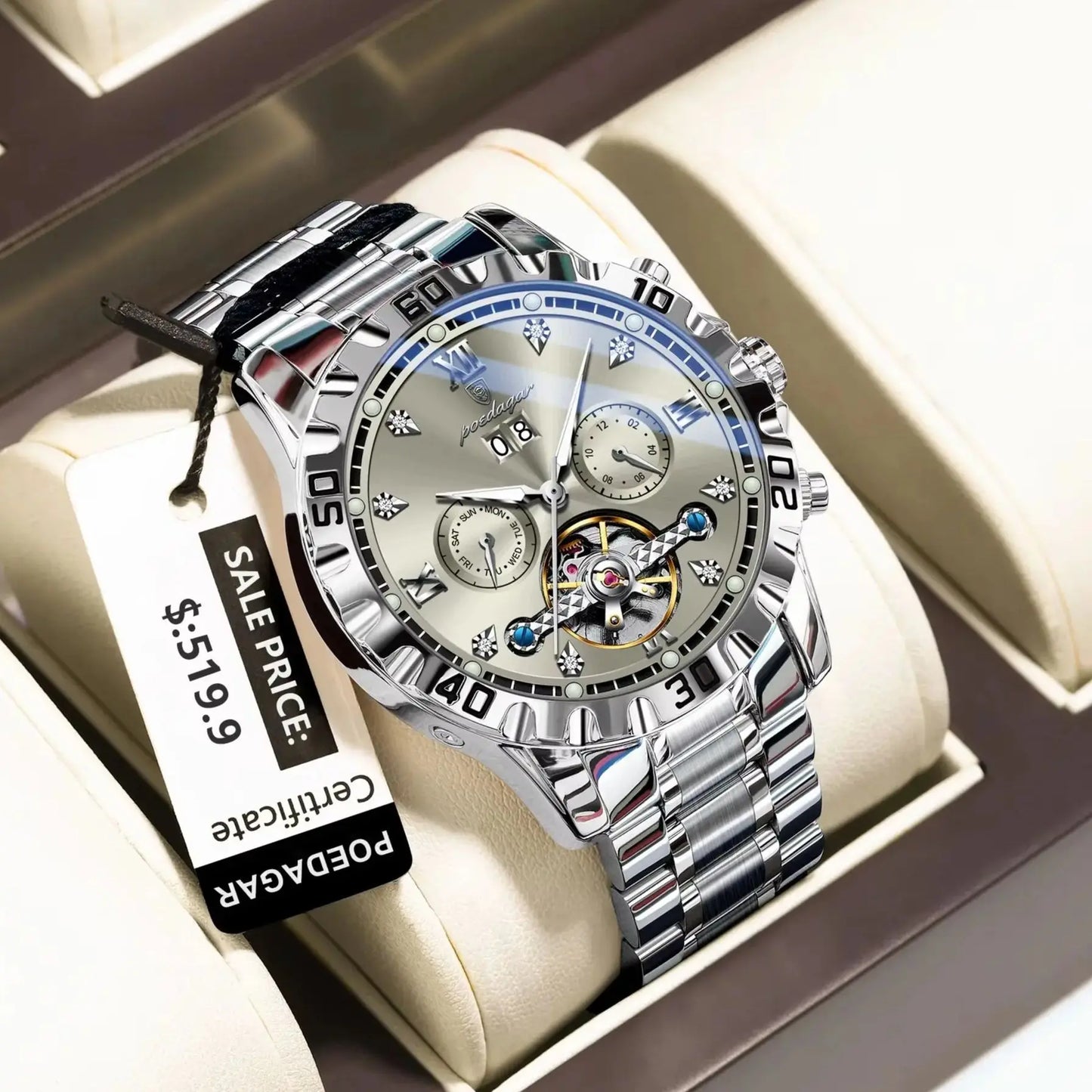 Automatic Tourbillon Style Watch – Sapphire Crystal with Week Display & Hidden Clasp