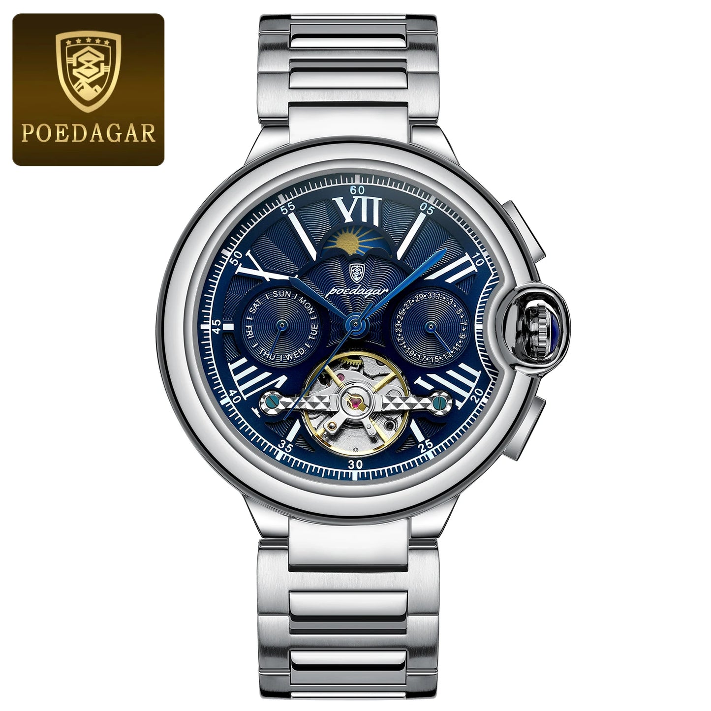 Automatic Skeleton Watch – Tourbillon Style with Moon Phase & Full Calendar