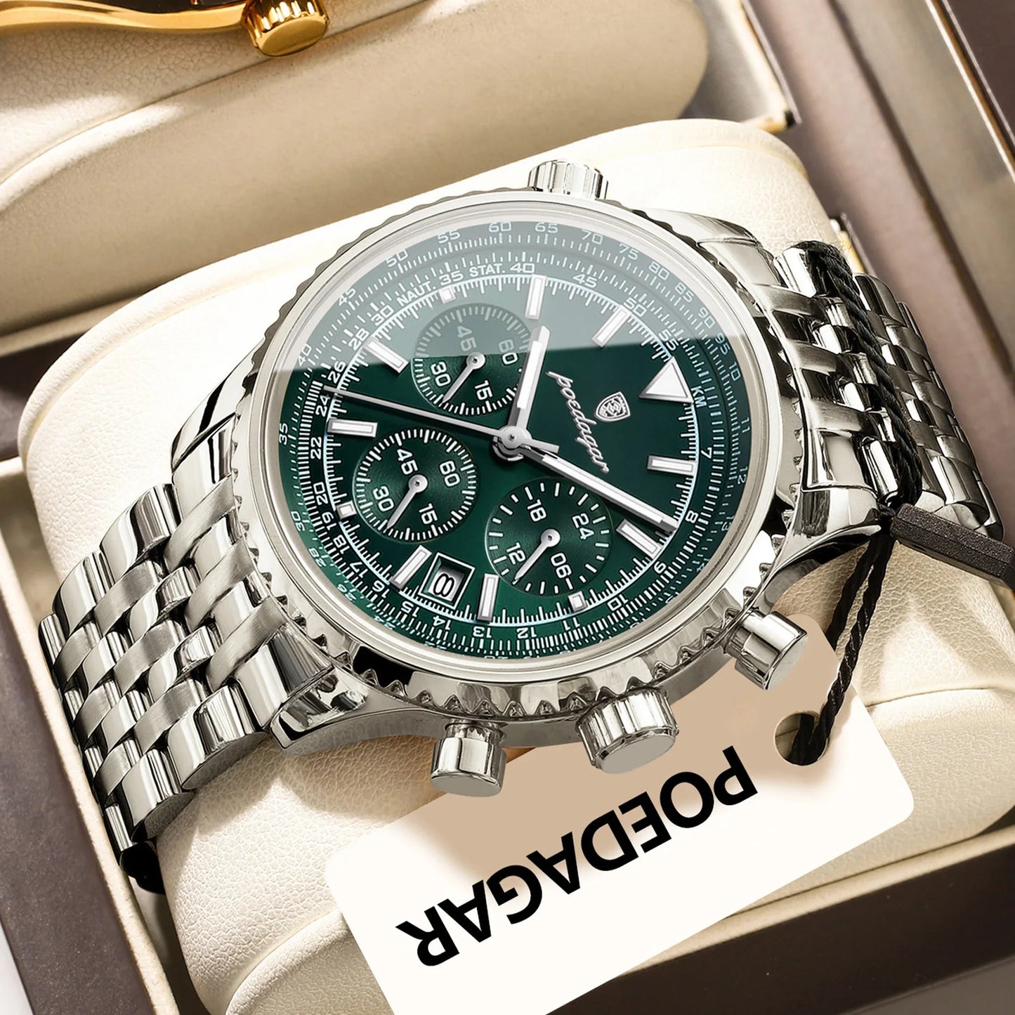 Chronograph Date Watch – Luminous Numberless Dial with Hidden Clasp Bracelet