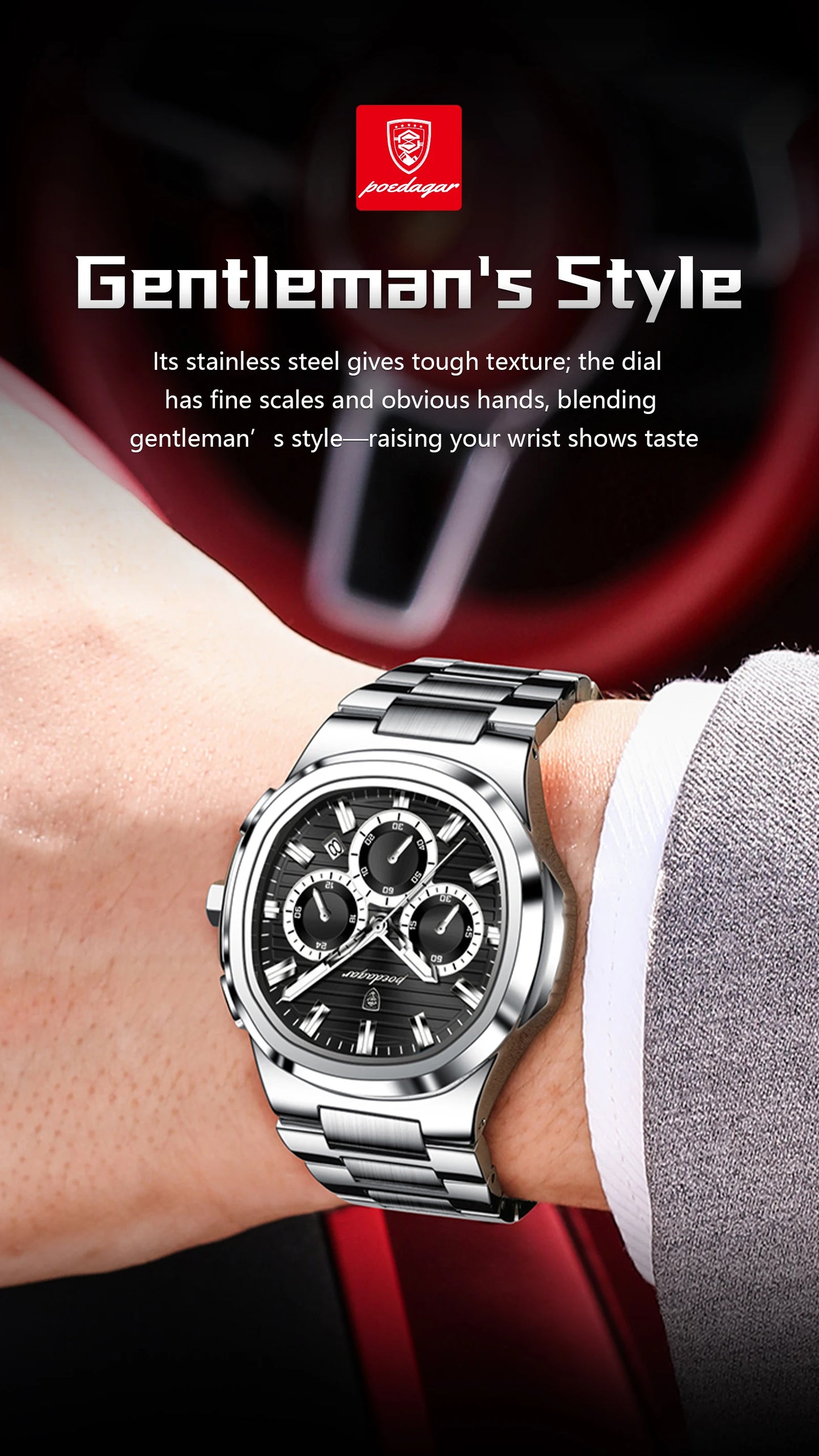 Square Chronograph Watch – Large Numberless Dial with Hidden Clasp Bracelet