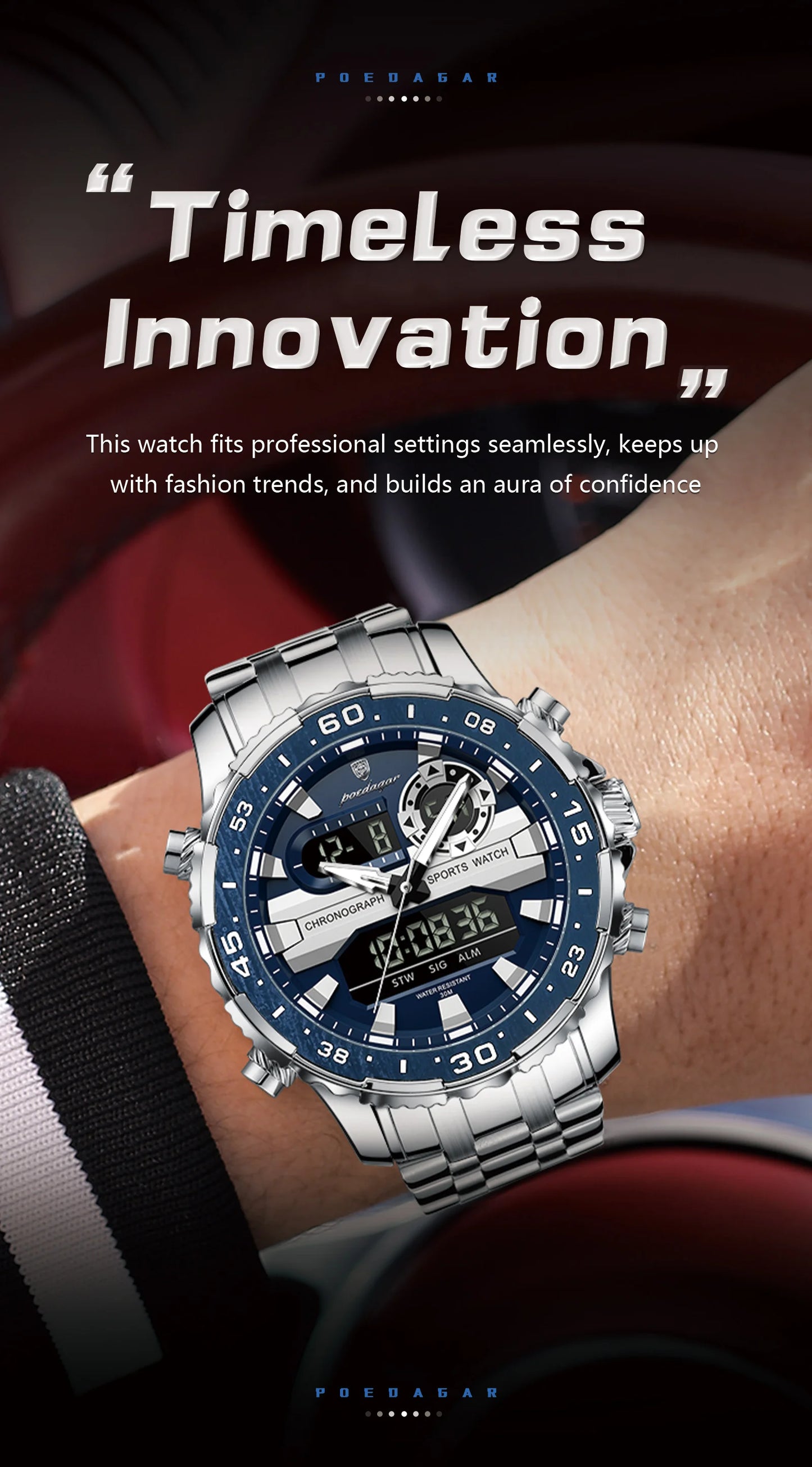 Square Chronograph Watch – Large Numberless Dial with Hidden Clasp Bracelet