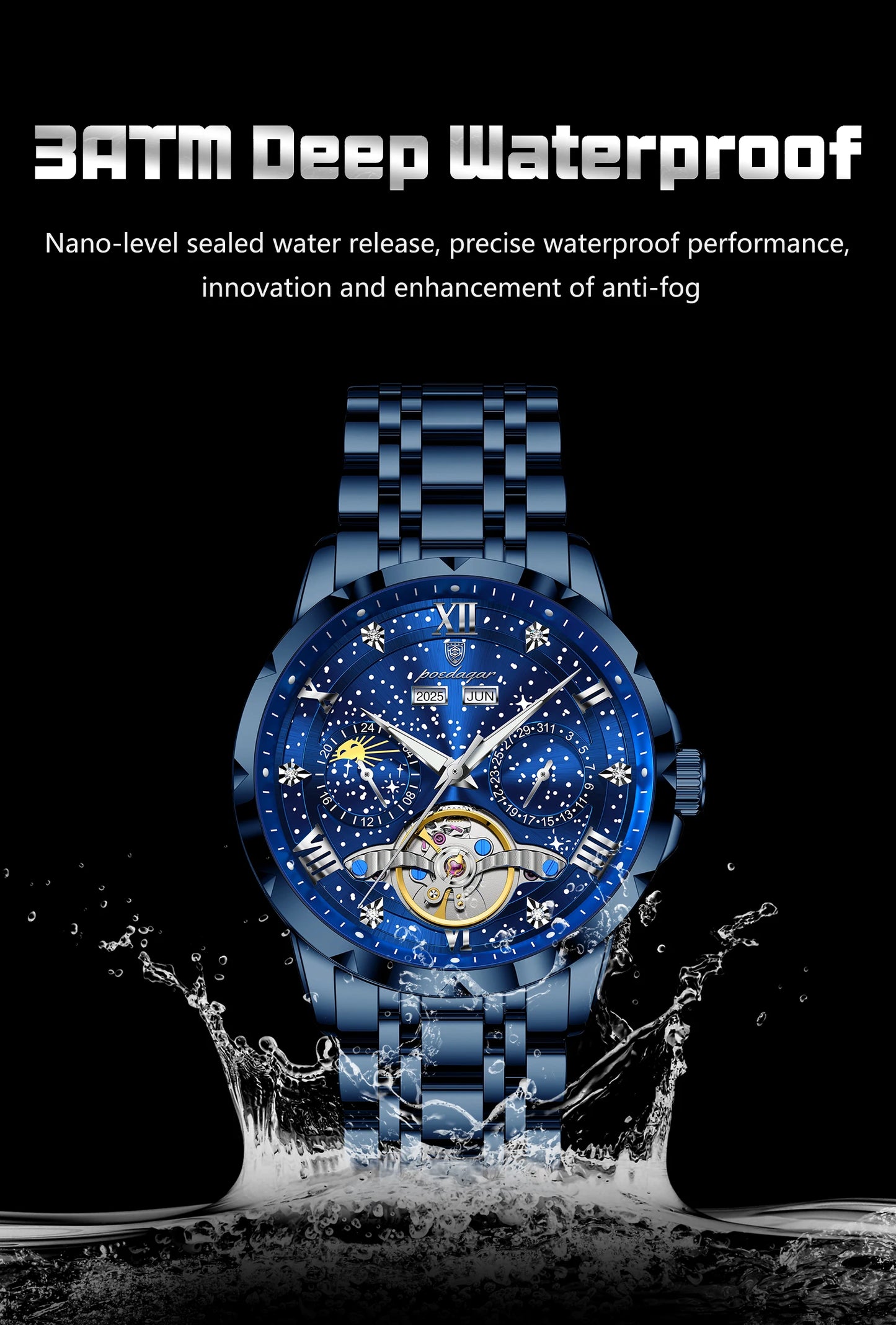 Automatic Skeleton Watch – Tourbillon Style with Roman Numeral Dial & Full Calendar