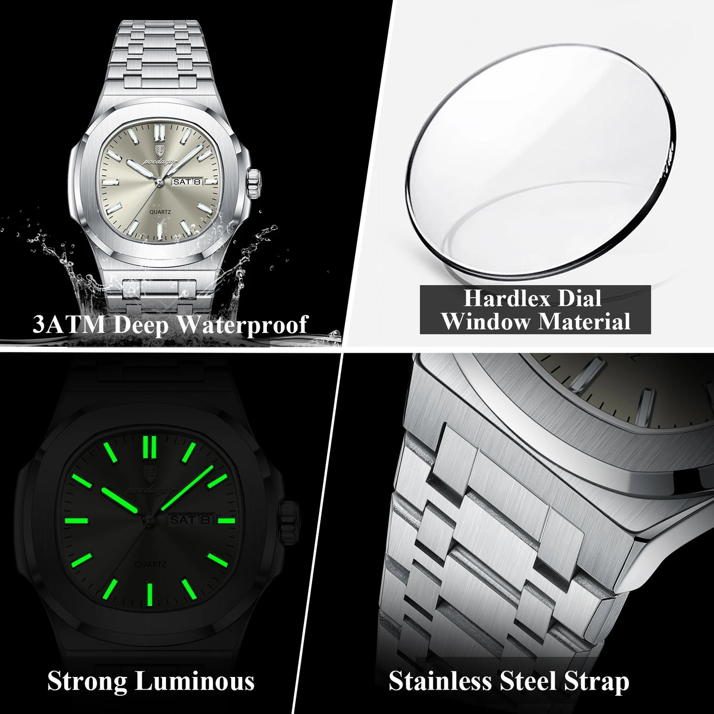 Square Full Calendar Watch – Date & Week Display with Hidden Clasp Bracelet