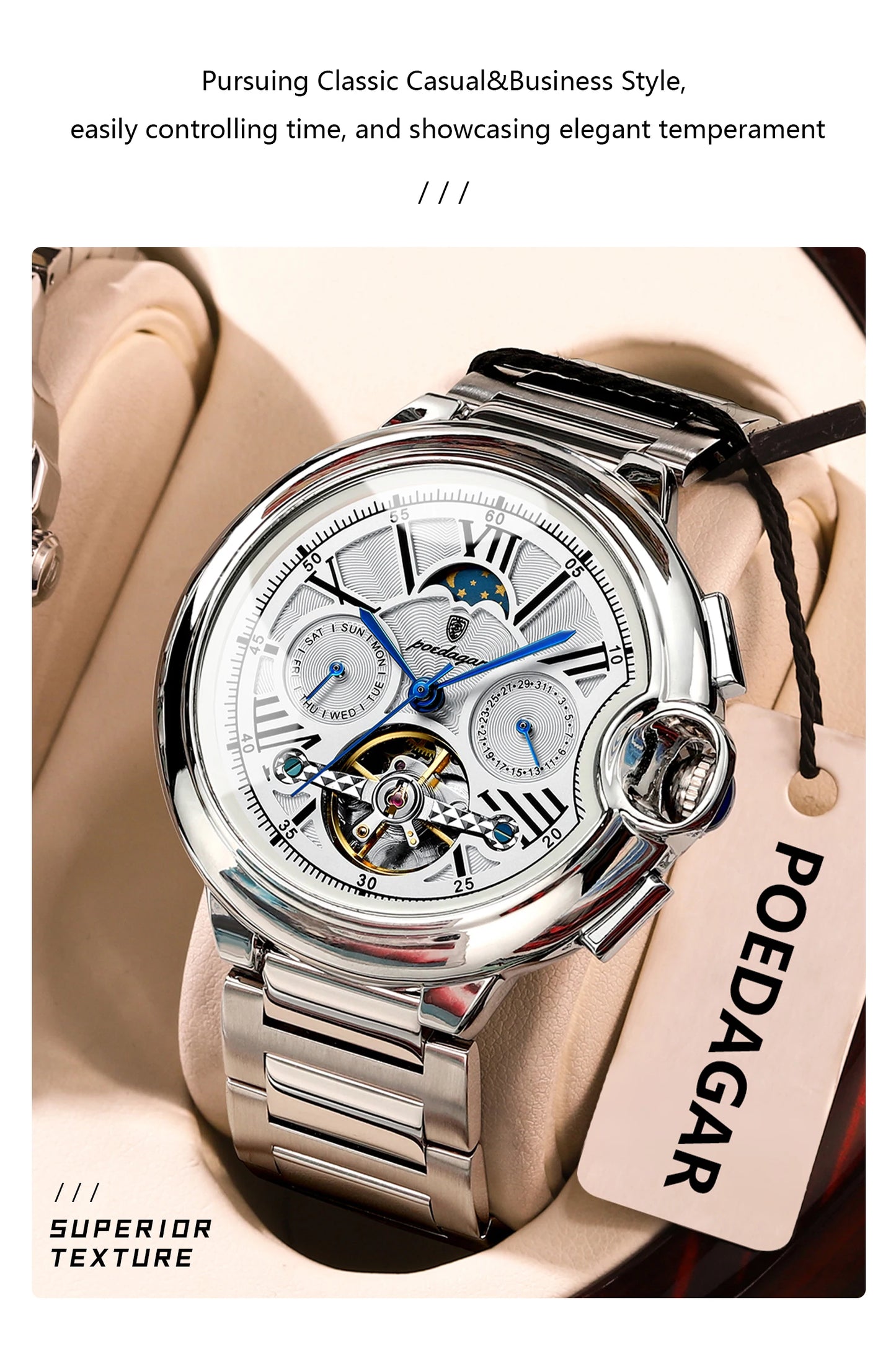 Automatic Skeleton Watch – Tourbillon Style with Moon Phase & Full Calendar