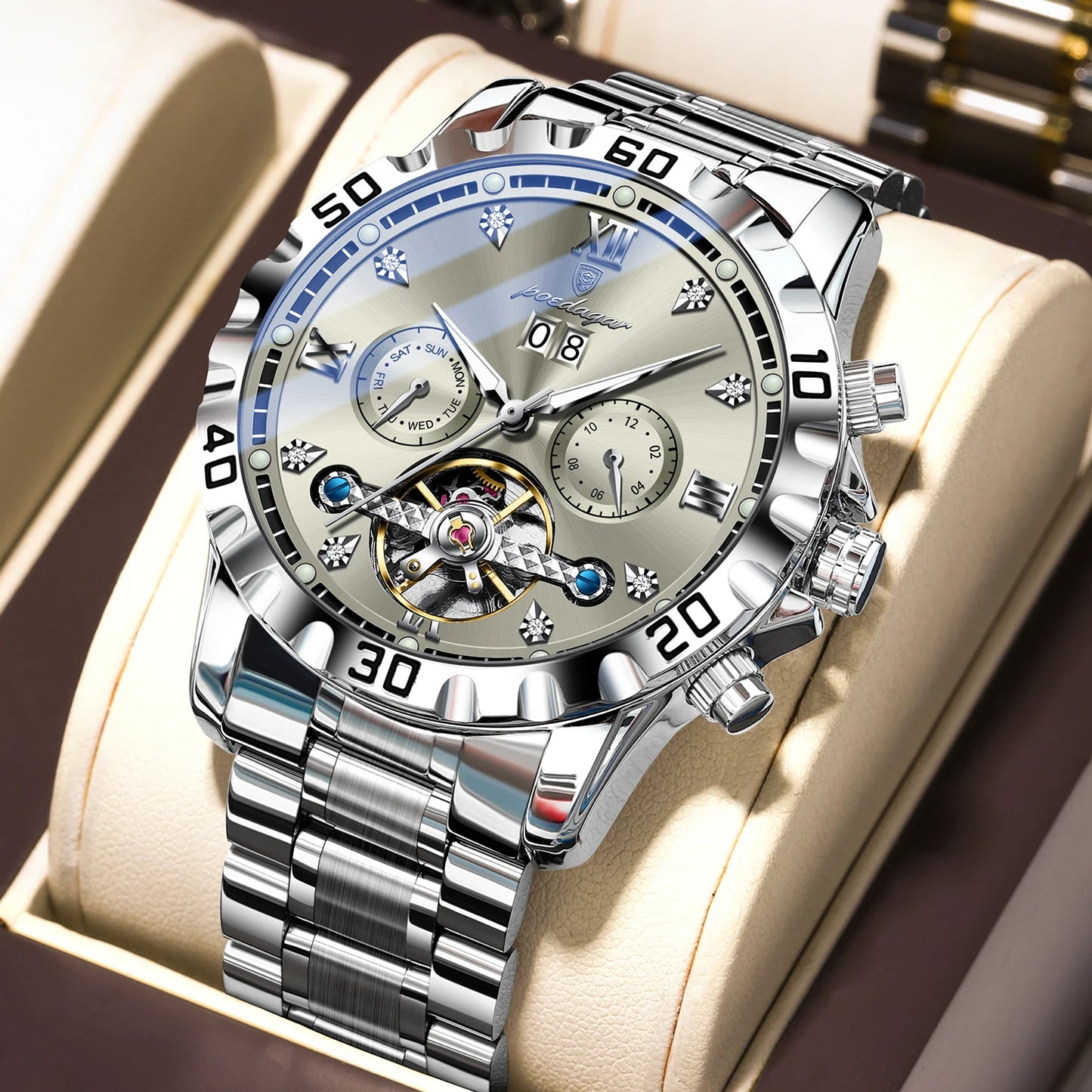 Automatic Tourbillon Style Watch – Sapphire Crystal with Week Display & Hidden Clasp
