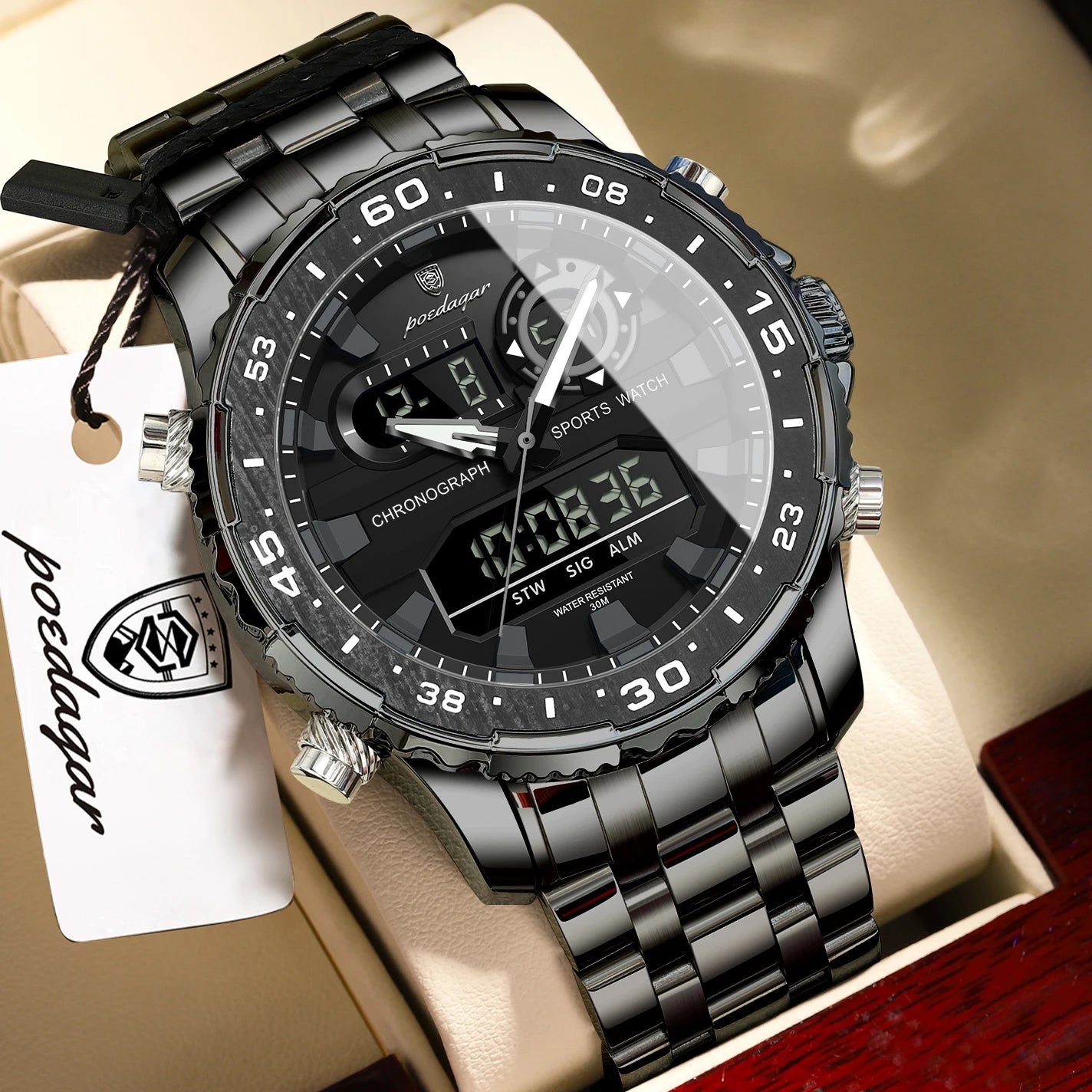 Square Chronograph Watch – Large Numberless Dial with Hidden Clasp Bracelet
