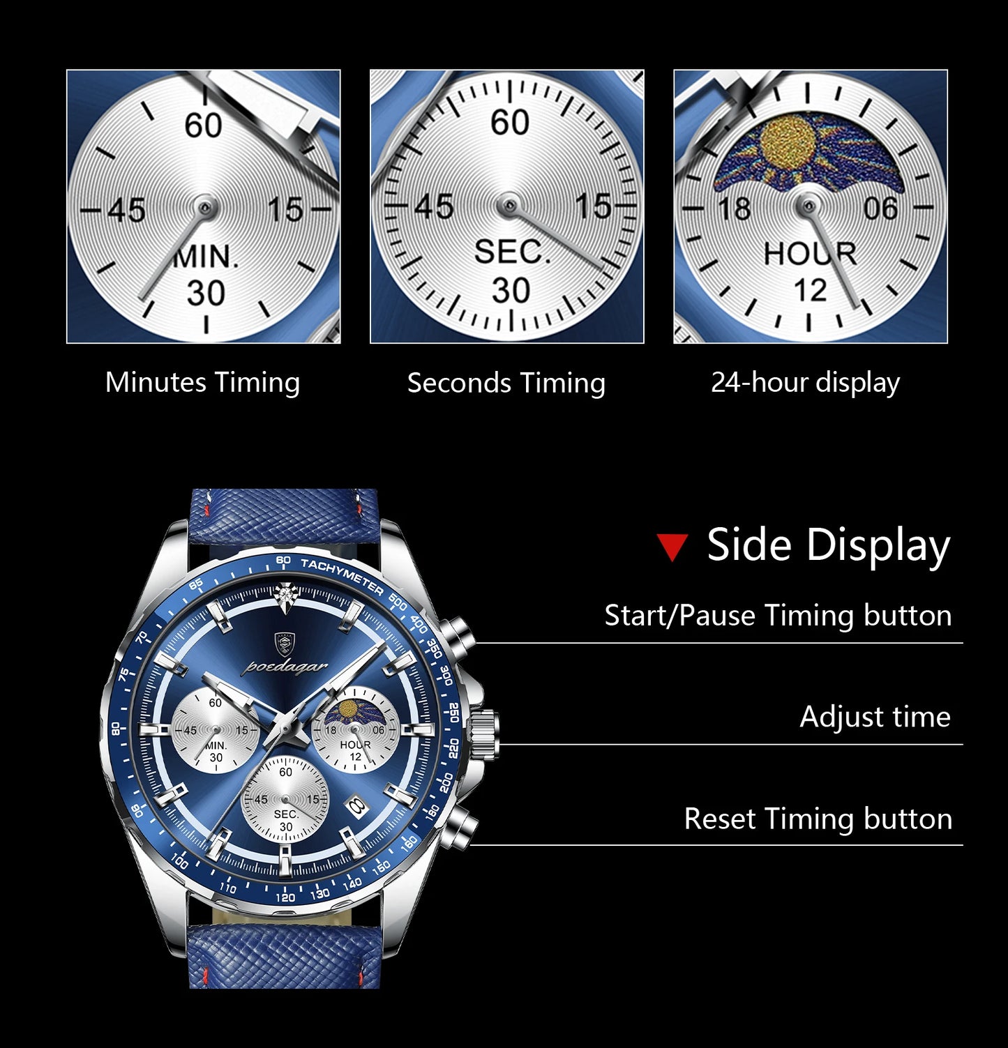 Leather Chronograph Watch – Luminous Dial with Date