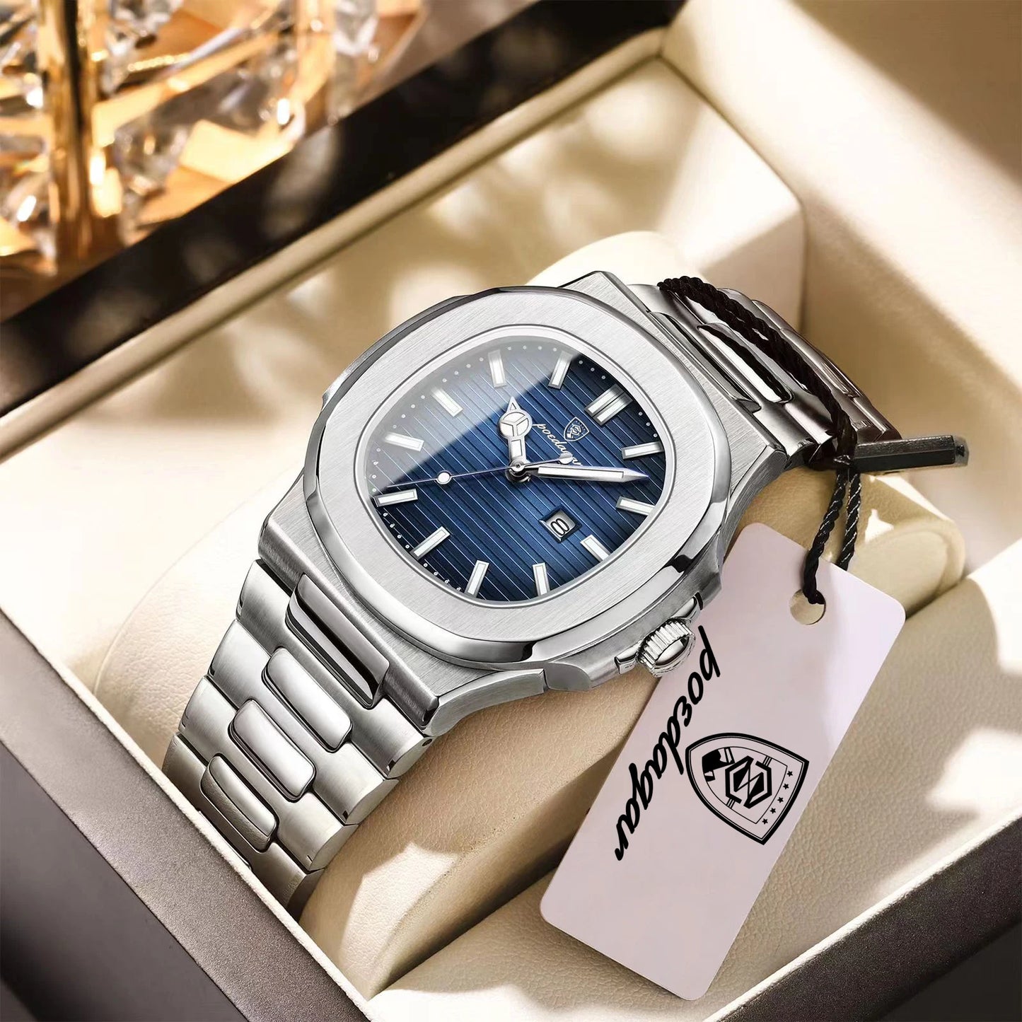 Square Stainless Steel Gift Set – Date Display with Luminous Dial & Hidden Clasp