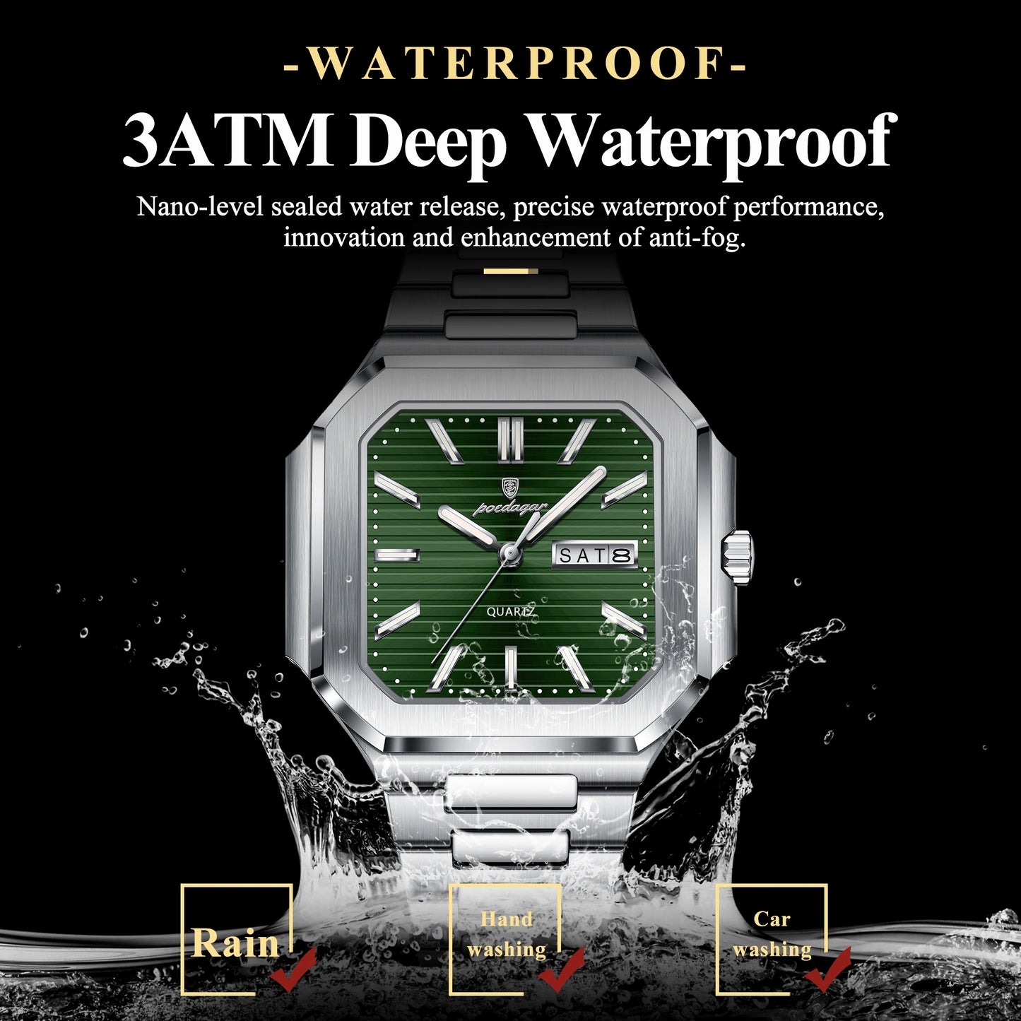 Square Stainless Steel Watch – Luminous Numberless Dial with Hidden Clasp