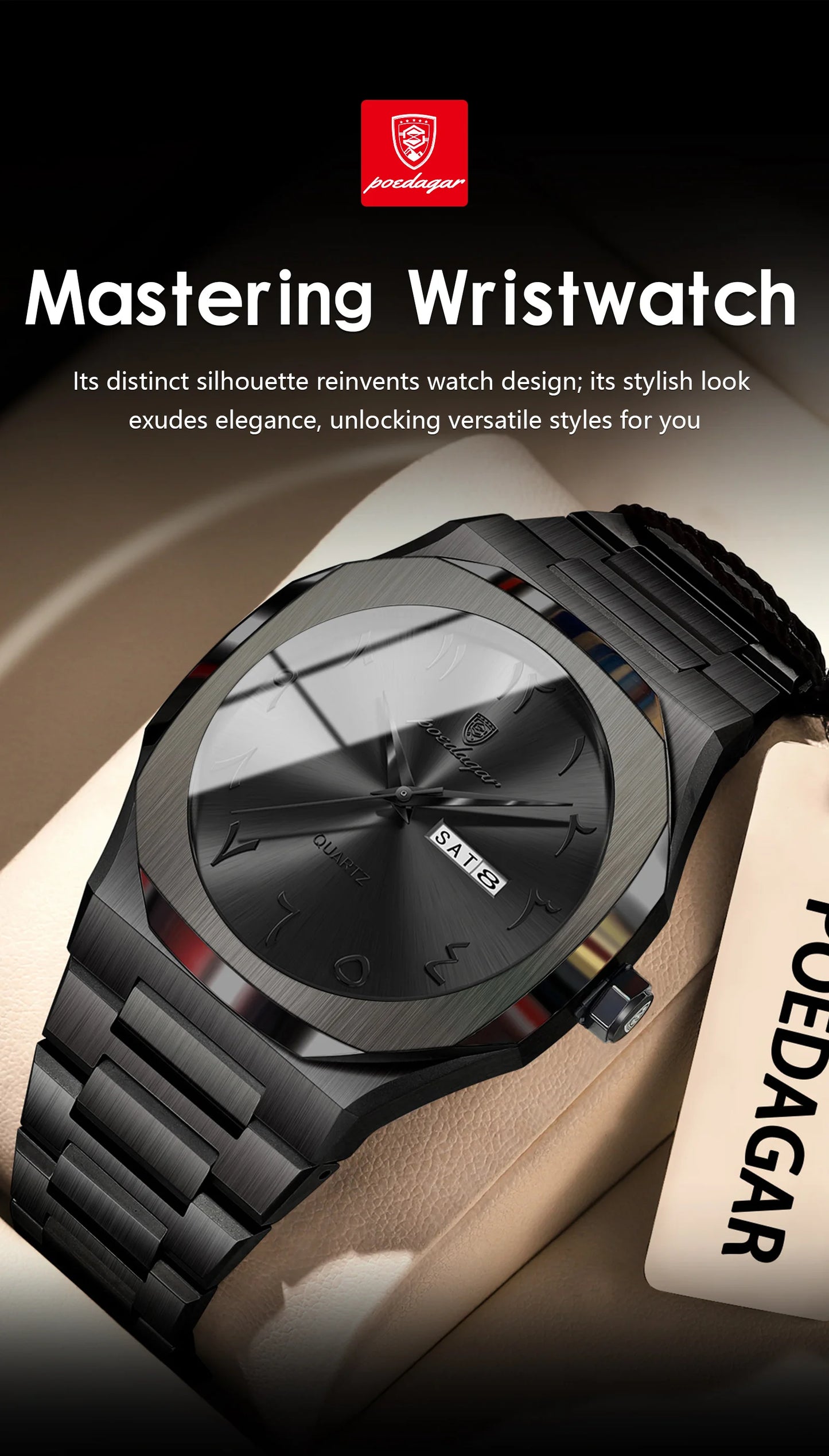 Irregular Shape Full Calendar Watch – Date & Week Display with Hidden Clasp