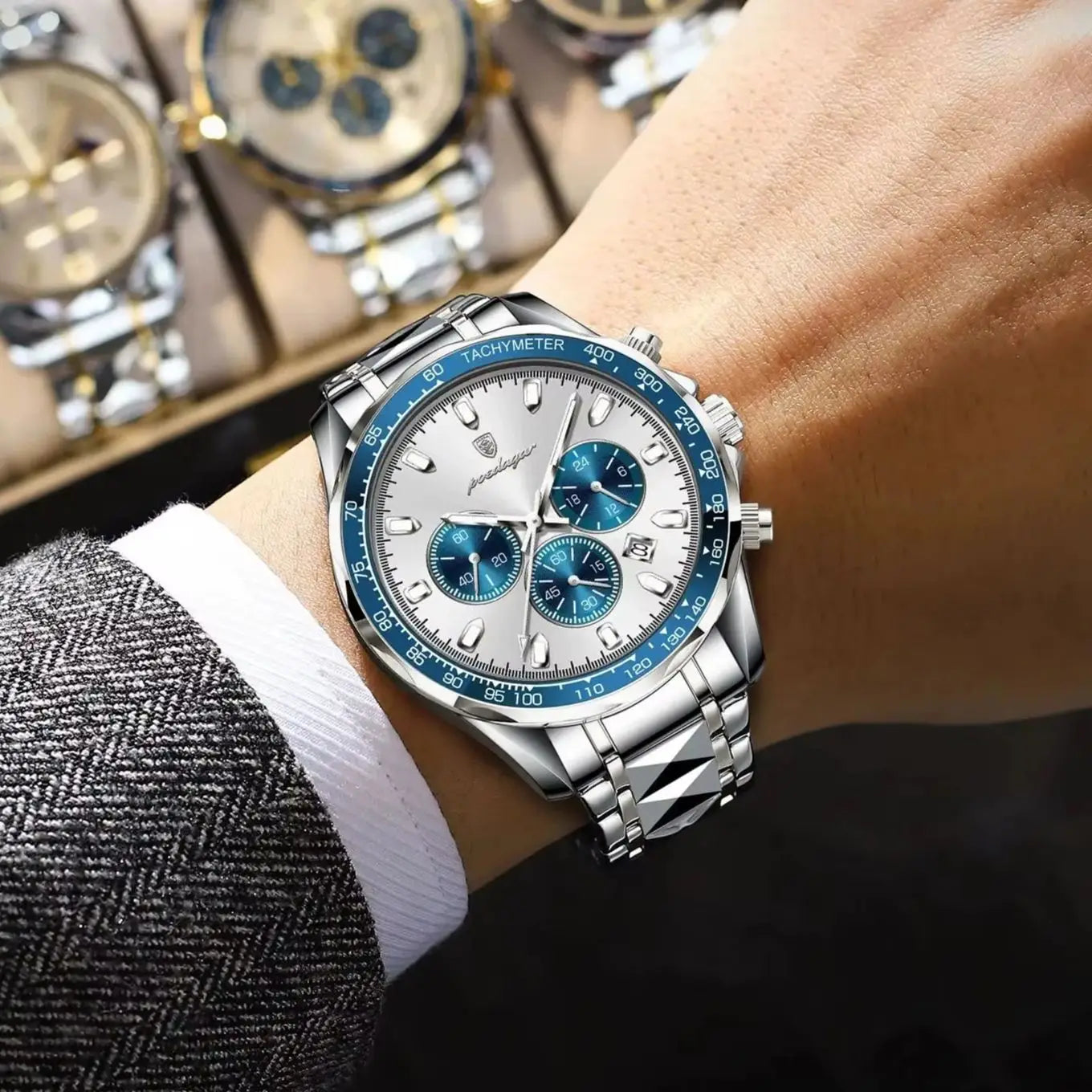 Chronograph Date Watch – Luminous Dial with Hidden Clasp Bracelet