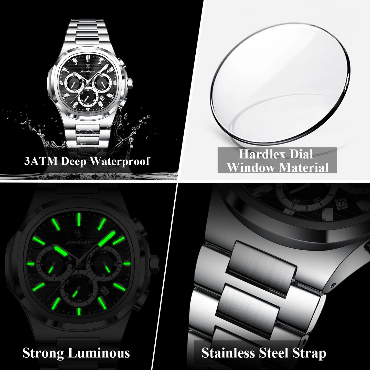 Square Chronograph Watch – Large Numberless Dial with Hidden Clasp Bracelet
