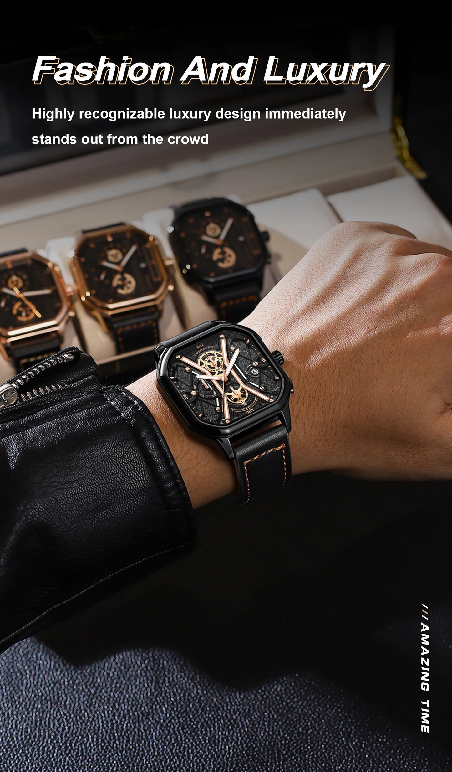 Square Chronograph Watch – Full Calendar with Leather Strap & Luminous Dial