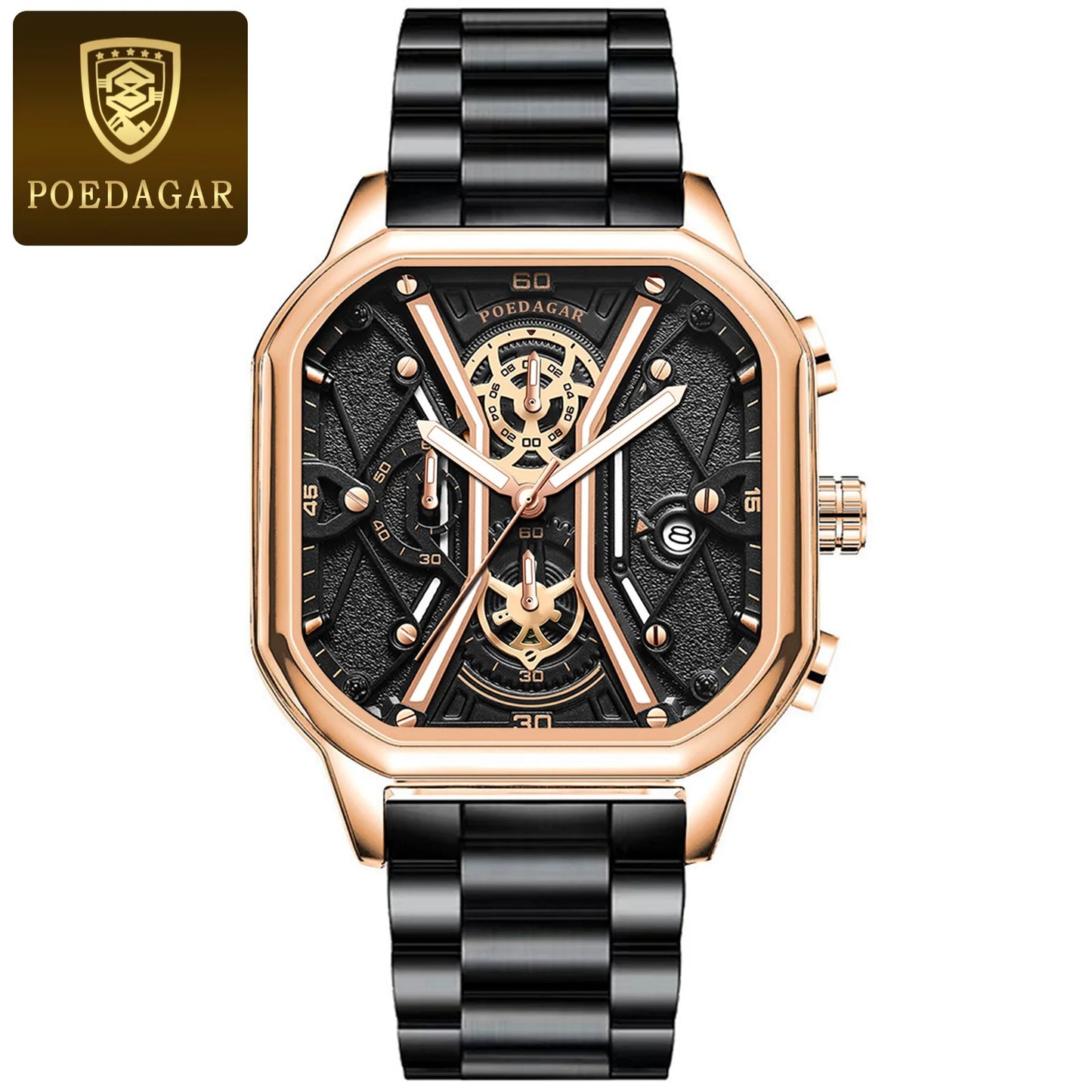 Square Chronograph Watch – Full Calendar with Leather Strap & Luminous Dial