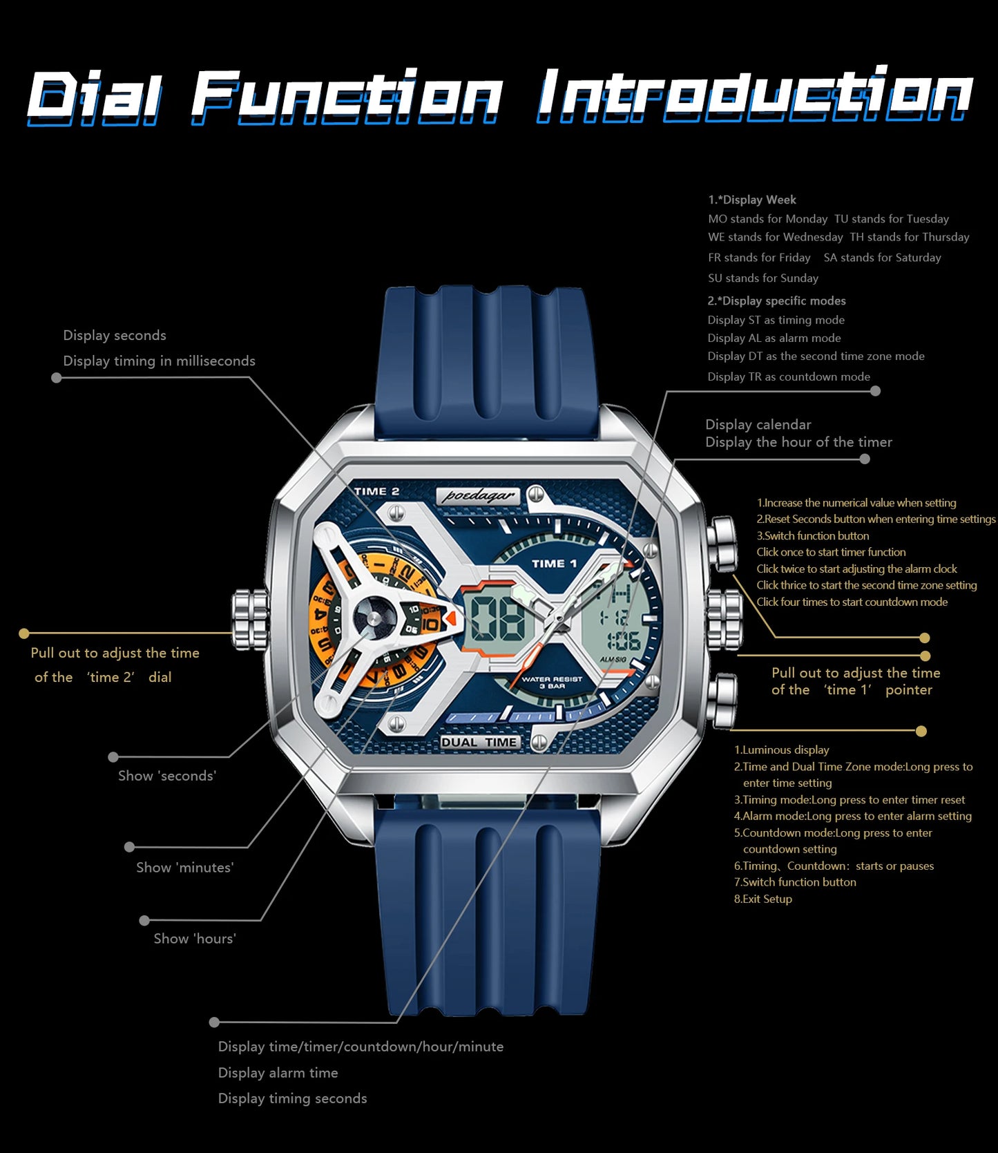LED Analog-Digital Chronograph Watch – Dual Time & Alarm with Silicone Strap
