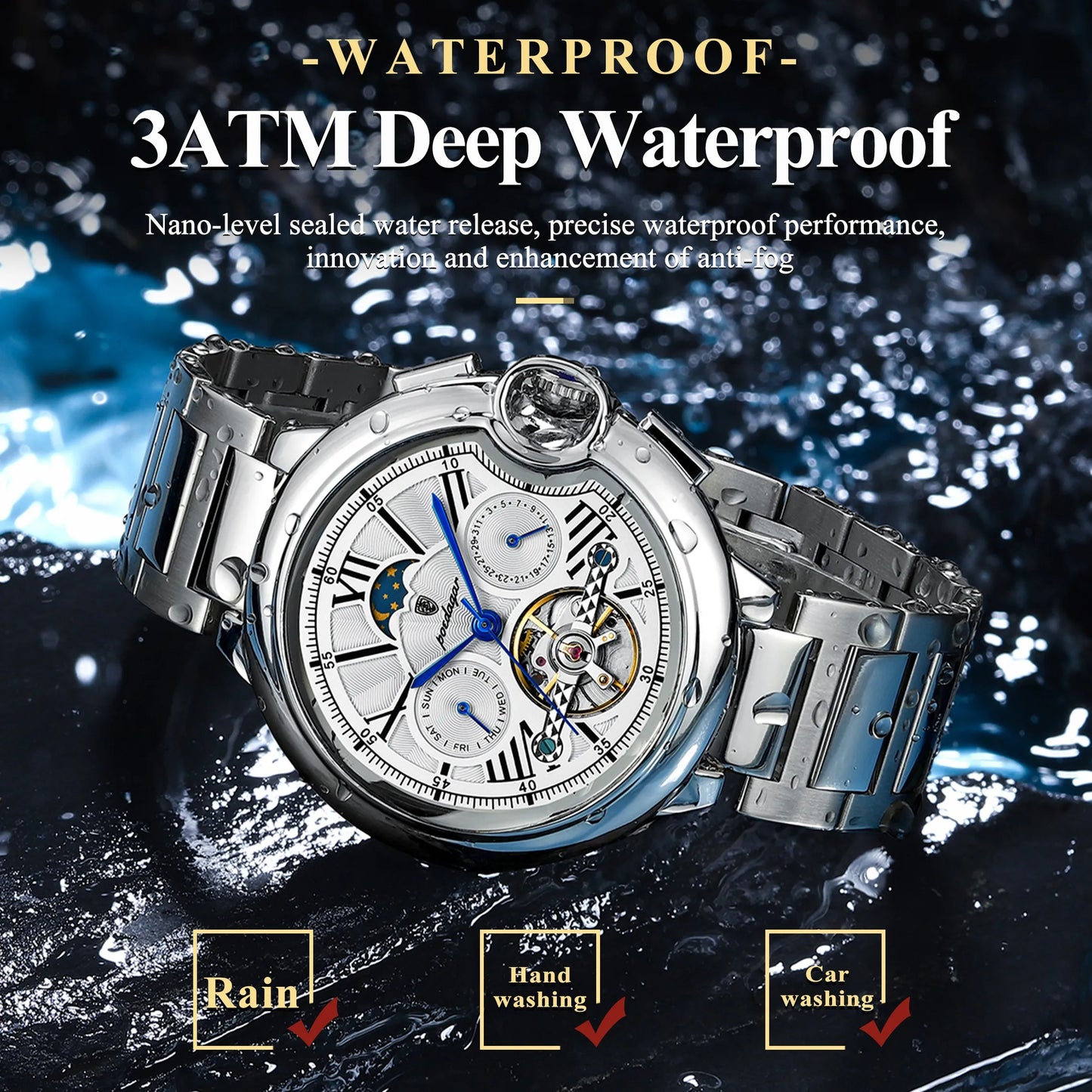 Automatic Skeleton Watch – Tourbillon Style with Moon Phase & Full Calendar