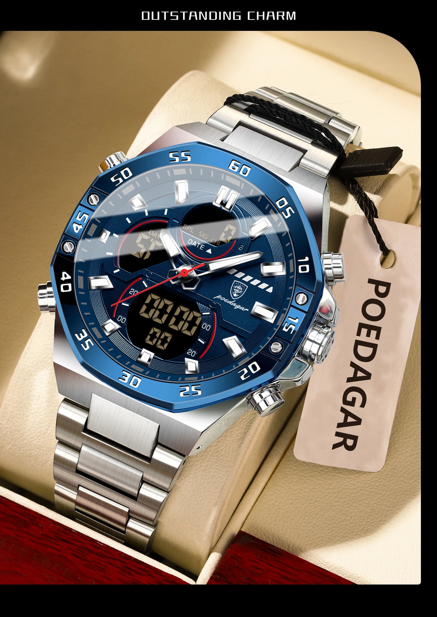 LED Analog-Digital Chronograph Watch – Full Calendar with Alarm & Bracelet
