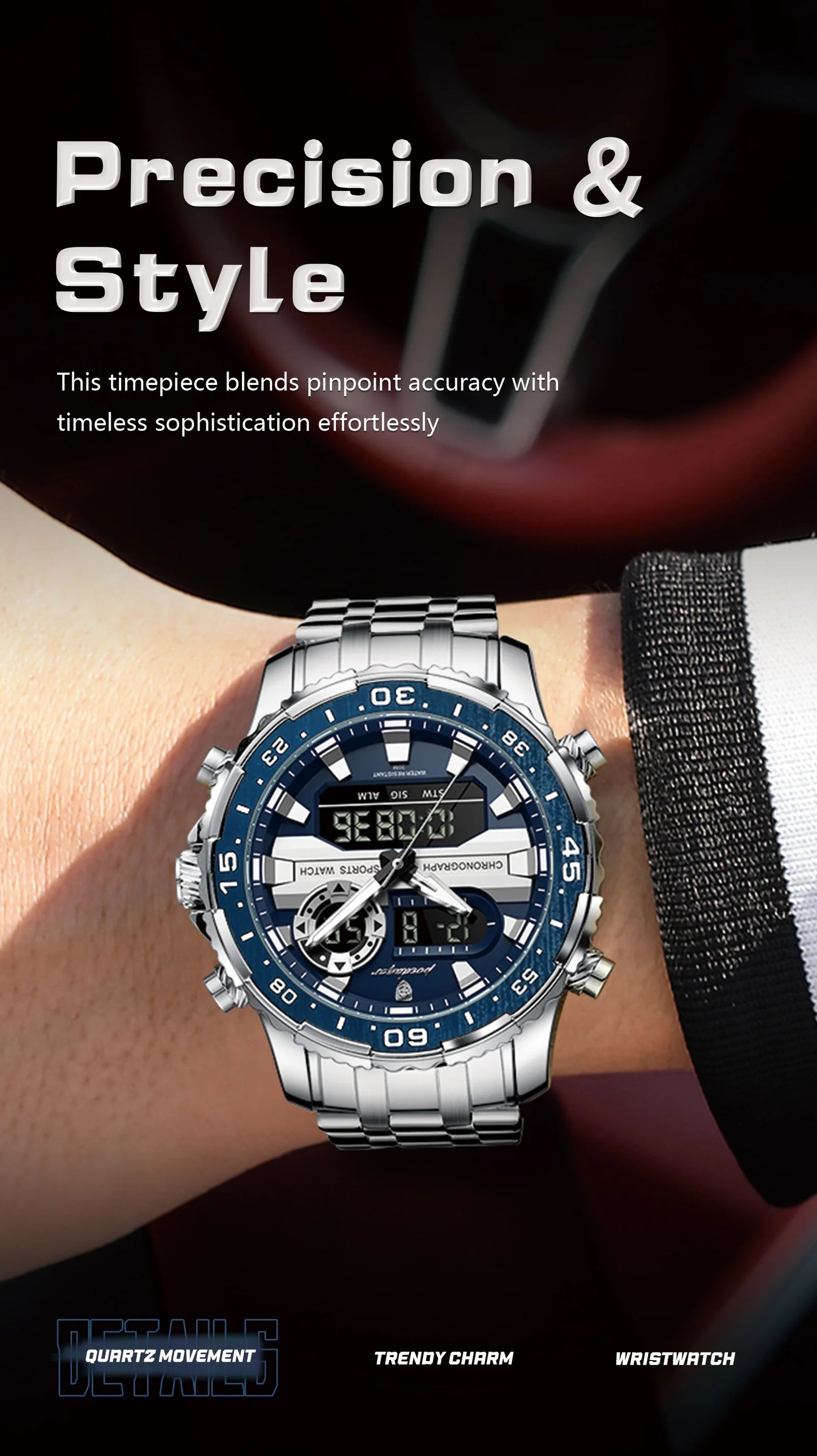 Square Chronograph Watch – Large Numberless Dial with Hidden Clasp Bracelet