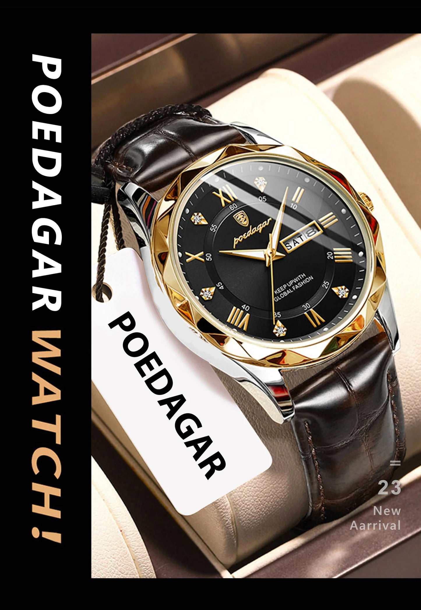 Roman Numeral Full Calendar Watch – Leather Strap with Date, Week & Luminous Dial